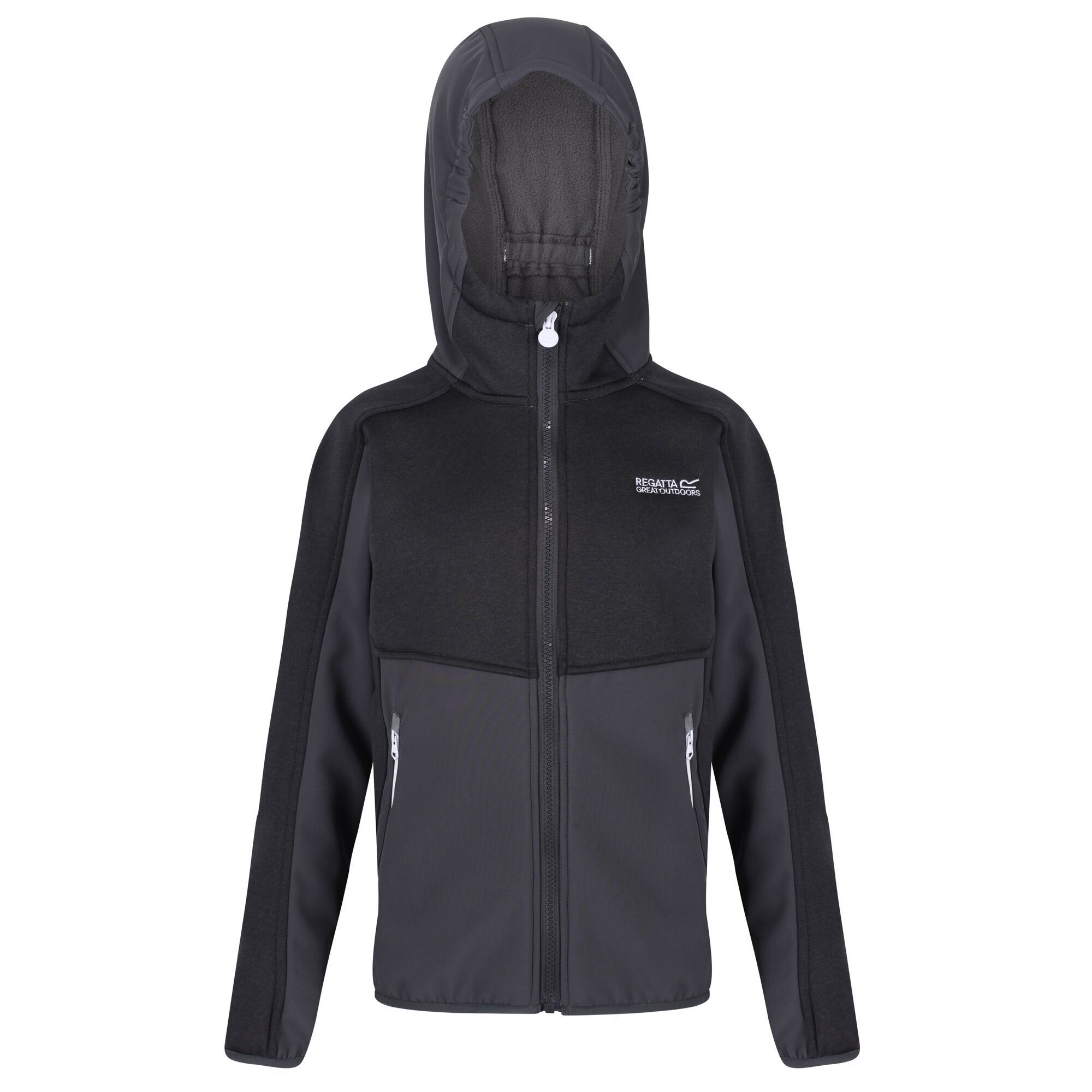 Material: 96% Polyester, 4% Elastane. Durable, water-repellent jacket made from warm backed woven stretch Softshell fabric. Elasticated hood and stretch binding to cuffs and hem. 2 zipped lower pockets. Regatta outdoors logo badge on the sleeve.