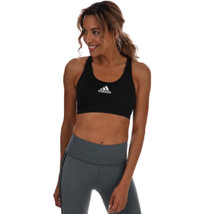 Womens adidas Don’t Rest Alphaskin Sports Bra in black.- Round neck.- Double-layer inner power mesh lining.- Pullover medium-support bra.- Adaptive-fit Alphaskin.- Racerback with front strap stabilisers.- Interlock.- adidas logo printed to front.- Compression fit with medium support.- Main material: 70% Polyester (Recycled)  19% Polyester  11% Elastane.  Machine washable.- Ref: FJ7263