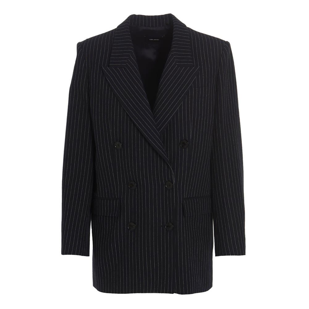 'Nevim' pinstripe fabric blazer jacket featuring a double breast style and classic lapels.