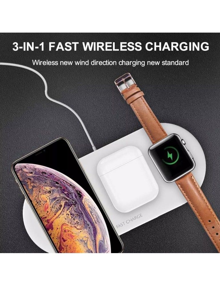 The 3in1 wireless charging base has a fast transmission power of 7.5W or 10W *, to be able to adapt to all smartphones compatible with wireless fast charging (Apple and Android). In addition, it is compatible with AirPods headphones (with charging case) and Apple Watch smartwatch (series 1 to 4).



If Qi wireless charging compatible devices are charged that do not support fast charging, the charger will adapt the charge to standard speed (5W).



* If an iPhone 8 or later is charged, the fast charge will be 7.5W, as this is the maximum fast charge power allowed by the device.



** The fast charge function requires a charger including QuickCharge 2.0 or higher technology and only works with Qi fast charge compatible devices such as iPhone 8/8 Plus / X and Samsung Galaxy Note8 / S9 + / S9 / S8 / S8 + / S7 / S7 Edge / S6 Edge Plus / Note 5.