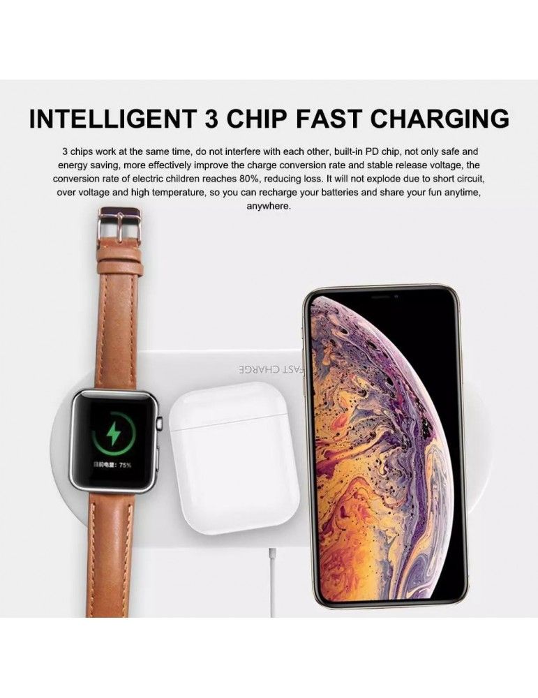 The 3in1 wireless charging base has a fast transmission power of 7.5W or 10W *, to be able to adapt to all smartphones compatible with wireless fast charging (Apple and Android). In addition, it is compatible with AirPods headphones (with charging case) and Apple Watch smartwatch (series 1 to 4).



If Qi wireless charging compatible devices are charged that do not support fast charging, the charger will adapt the charge to standard speed (5W).



* If an iPhone 8 or later is charged, the fast charge will be 7.5W, as this is the maximum fast charge power allowed by the device.



** The fast charge function requires a charger including QuickCharge 2.0 or higher technology and only works with Qi fast charge compatible devices such as iPhone 8/8 Plus / X and Samsung Galaxy Note8 / S9 + / S9 / S8 / S8 + / S7 / S7 Edge / S6 Edge Plus / Note 5.