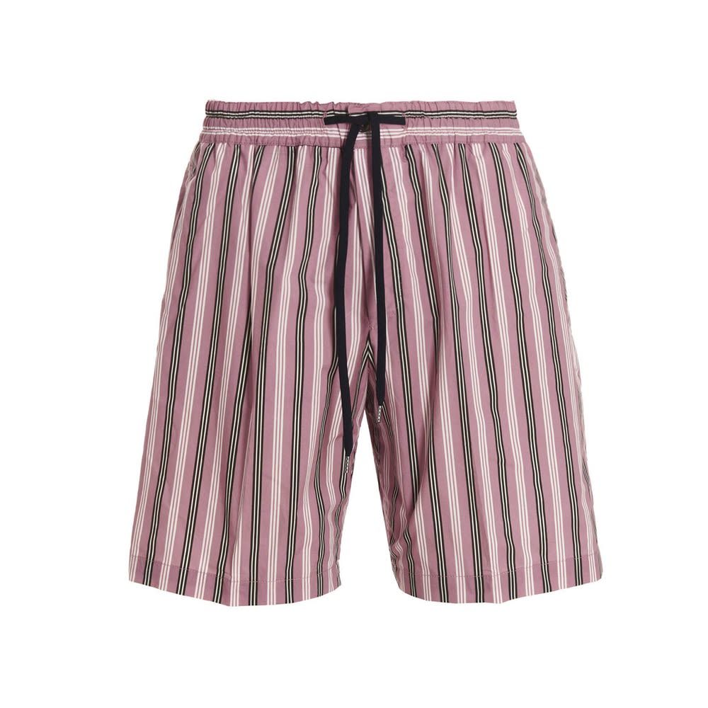 Stripe print cotton bermuda shorts with drawstring elastic waistband, and pockets.