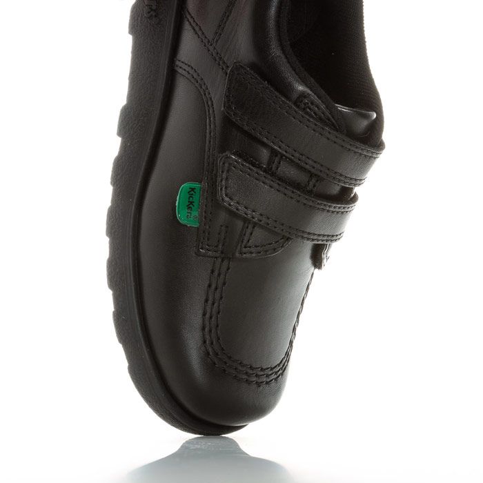 Infant Boys Kickers Fragma Lo Strap Leather Shoes in Black<BR><BR>- Tonal finish<BR>- Hook and loop strap fastening<BR>- Padded collar<BR>- Iconic red and green branded tabs to sides<BR>- Smooth leather upper<BR>- Embossed branding <BR>- Leather Upper  Textile Lining  Synthetic Upper<BR>- Ref: 114832