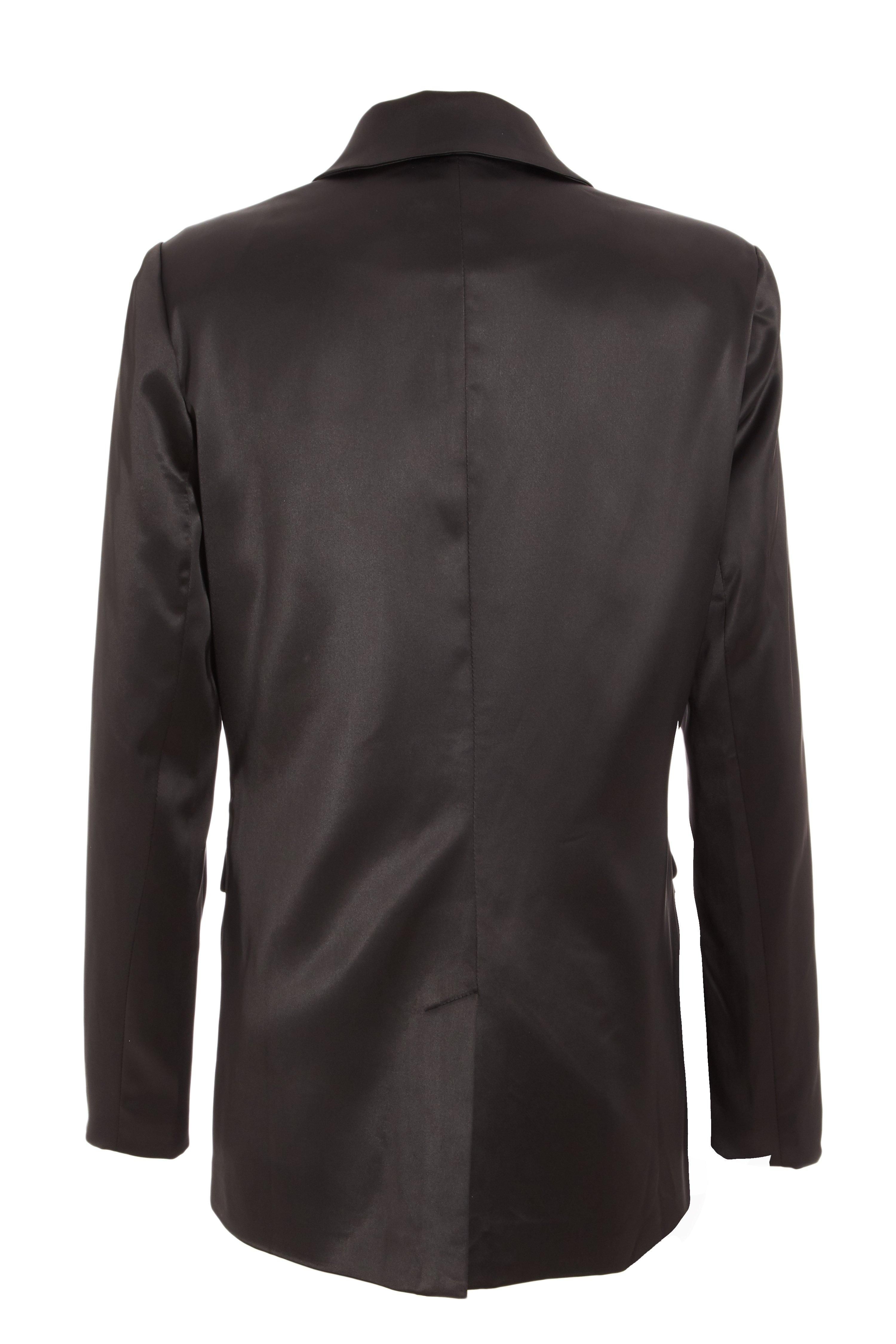 - Double breasted blazer  - Satin finish  - Pocket detail  - Shawl lapel  - Length 79 cm approx  - Model Height: 5' 9