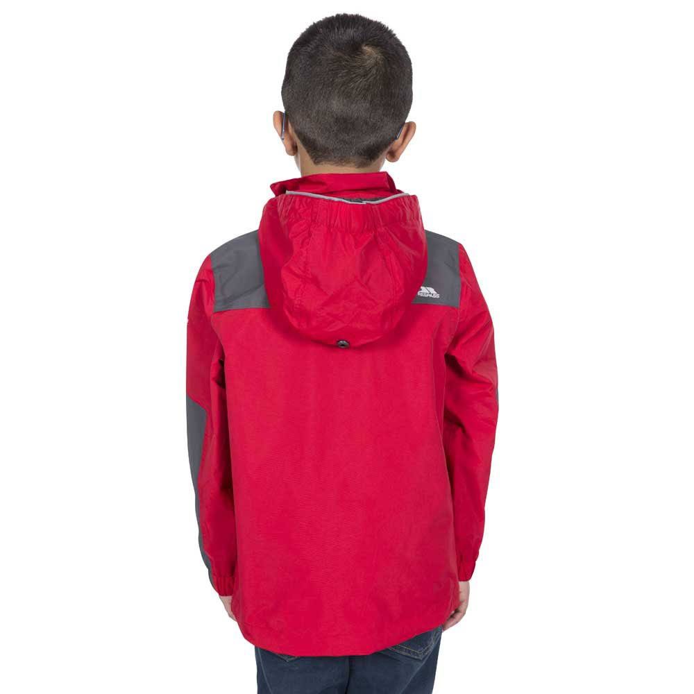 2 colour jacket with contrast panels. 2 zip pockets. Elasticated cuffs. Side hood elastication. Detachable stud off hood. Reflective piping on hood. Hem drawcord. Waterproof 3000mm, windproof, taped seams. Shell: 100% Polyamide, PU coating, Lining: 100% Polyester. Trespass Childrens Chest Sizing (approx): 2/3 Years - 21in/53cm, 3/4 Years - 22in/56cm, 5/6 Years - 24in/61cm, 7/8 Years - 26in/66cm, 9/10 Years - 28in/71cm, 11/12 Years - 31in/79cm.