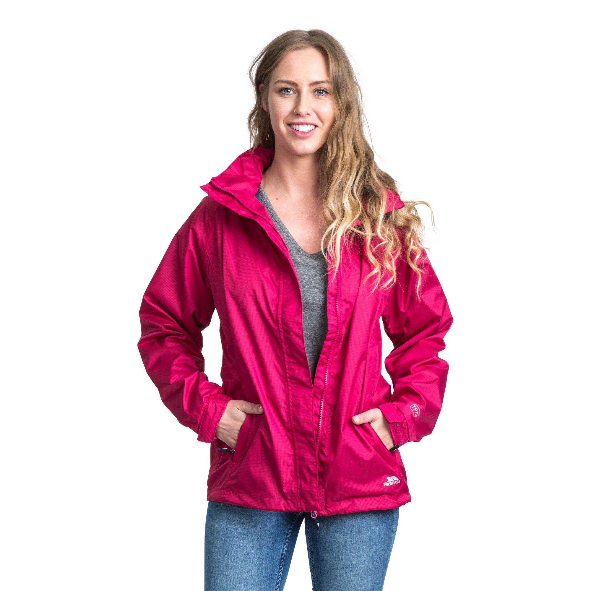 Waterproof jacket with contrast mesh lining. Hood packs into collar. 2 zips pockets. Elasticated cuffs with adjustable tabs. Drawcord at hem. Waterproof 3000mm, breathable 3000mvp, windproof, taped seams. Shell: 100% polyester. Lining: 100% polyester mesh. Trespass Womens Chest Sizing (approx): XS/8 - 32in/81cm, S/10 - 34in/86cm, M/12 - 36in/91.4cm, L/14 - 38in/96.5cm, XL/16 - 40in/101.5cm, XXL/18 - 42in/106.5cm.
