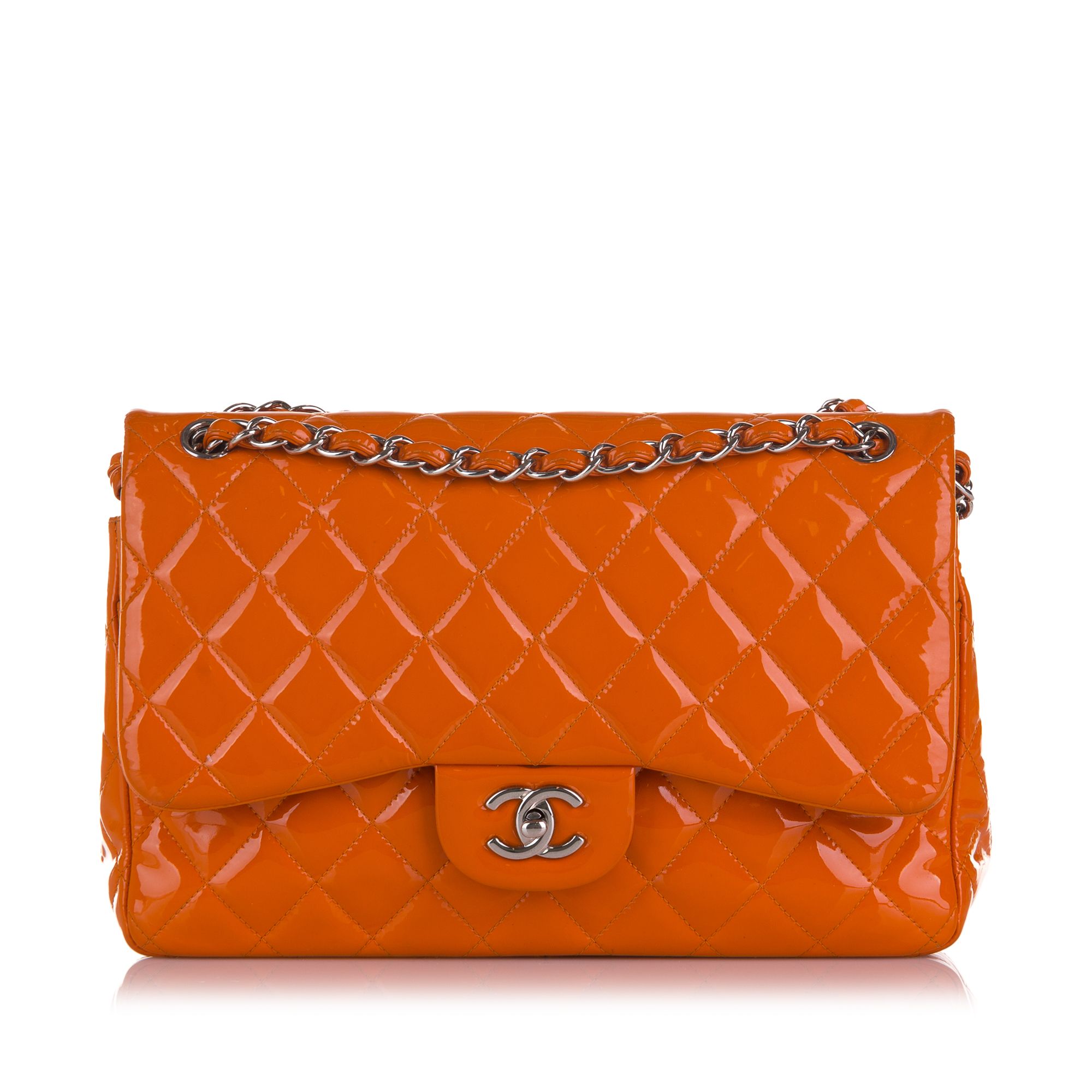 Vintage Chanel Jumbo Classic Patent Double Flap Bag Orange