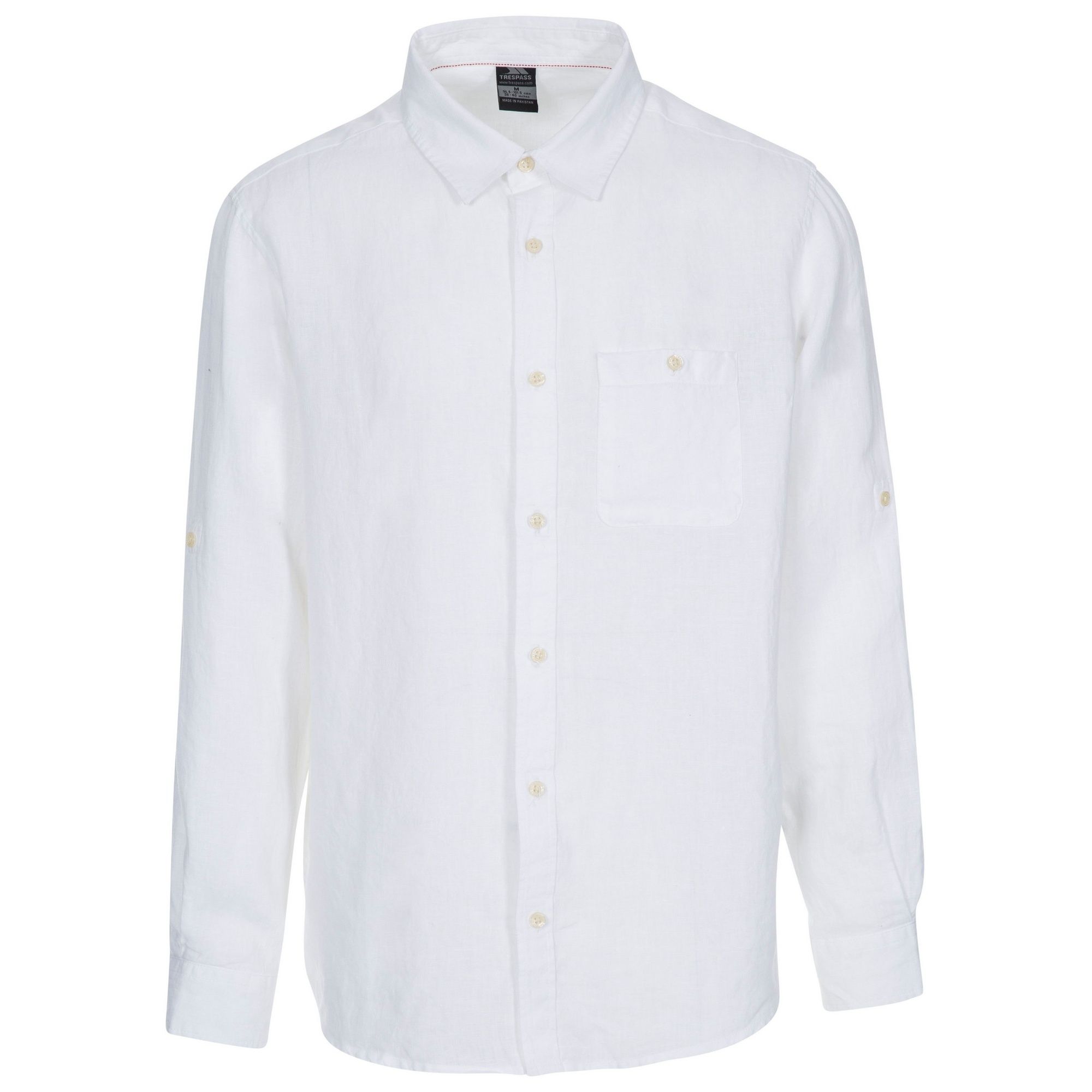 2 piece collar. Chest pocket. Button fastening. Breathable. 100% Linen. Trespass Mens Chest Sizing (approx): S - 35-37in/89-94cm, M - 38-40in/96.5-101.5cm, L - 41-43in/104-109cm, XL - 44-46in/111.5-117cm, XXL - 46-48in/117-122cm, 3XL - 48-50in/122-127cm.