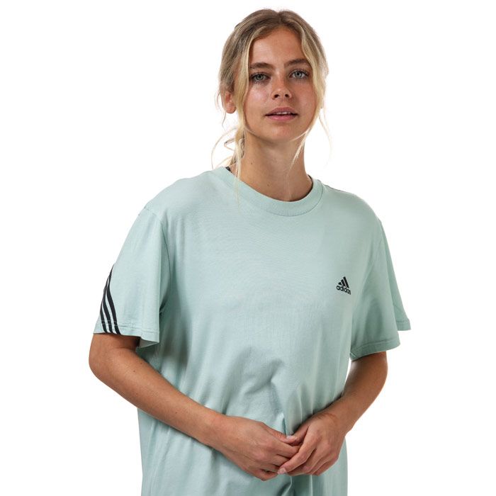 Womens adidas Must Haves 3-Stripes T- Shirt in green.- Ribbed crew neck.- Short sleeves.- Iconic 3-Stripes across the back.- Loose fit.- Body: 48% Cotton  47% Modal  5% Elastane.  Machine washable.- Ref: GH3801