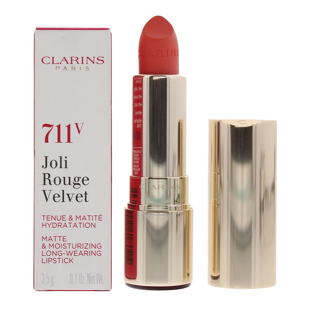 Clarins Joli Rouge Velvet Long- Wearing Lipstick, enriched with organic Salicornia extract and mango oil, moisturises and nourishes the lips. The long- wearing, satin finish colour stays on for 6 hours.
