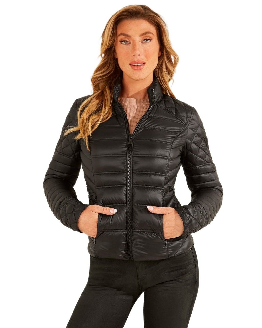 Brand: Guess. Gender: Women. Type: Jackets. Season: Spring/Summer. PRODUCT DETAIL; Colour: black; Fastening: with zip; Sleeves: long; Pockets: front pockets. COMPOSITION AND MATERIAL; Composition: -100% nylon;  Washing: machine wash at 30°.