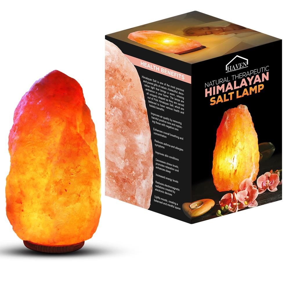 This handcrafted salt lamp can look great in many modern homes.  Believed to create negatively-charged ions in the air to help fight pollution caused by electrical equipment.  Made of Himalayan salt rock.  Handcrafted on a wooden base.

Features:
Purifies Air
Improves Sleep
Decreases Stress
Reduces Allergy Symptoms
Improves breathing
Increases Energy
Hand Carved Natural Himalayan Salt rock, handcrafted on a wooden base
Therapeutic benefits for your health and wellbeing.
Replaces harmful ions created by pollution and electrical equipment.
Produces Healthy Negative ions

Dimensions :
Small: 17.5cm x 12cm x 12cm
Medium: 23.5cm x 15cm x 15cm
Large: 25cm x 18cm x 18cm
Extra Large: 30cm x 21cm x 21cm
Extra Extra Large XX LARGE:  28cm x 21cm x 21cm (approx.)