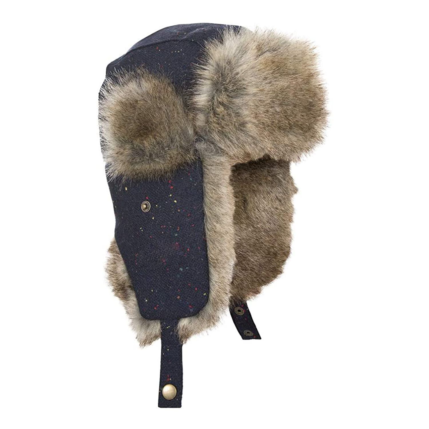 Trapper hat. Adjustable fastening. Faux fur trim and lining. Leatherette badge. Outer: 100% Polyester, Lining: 100% Acrylic artificial fur.