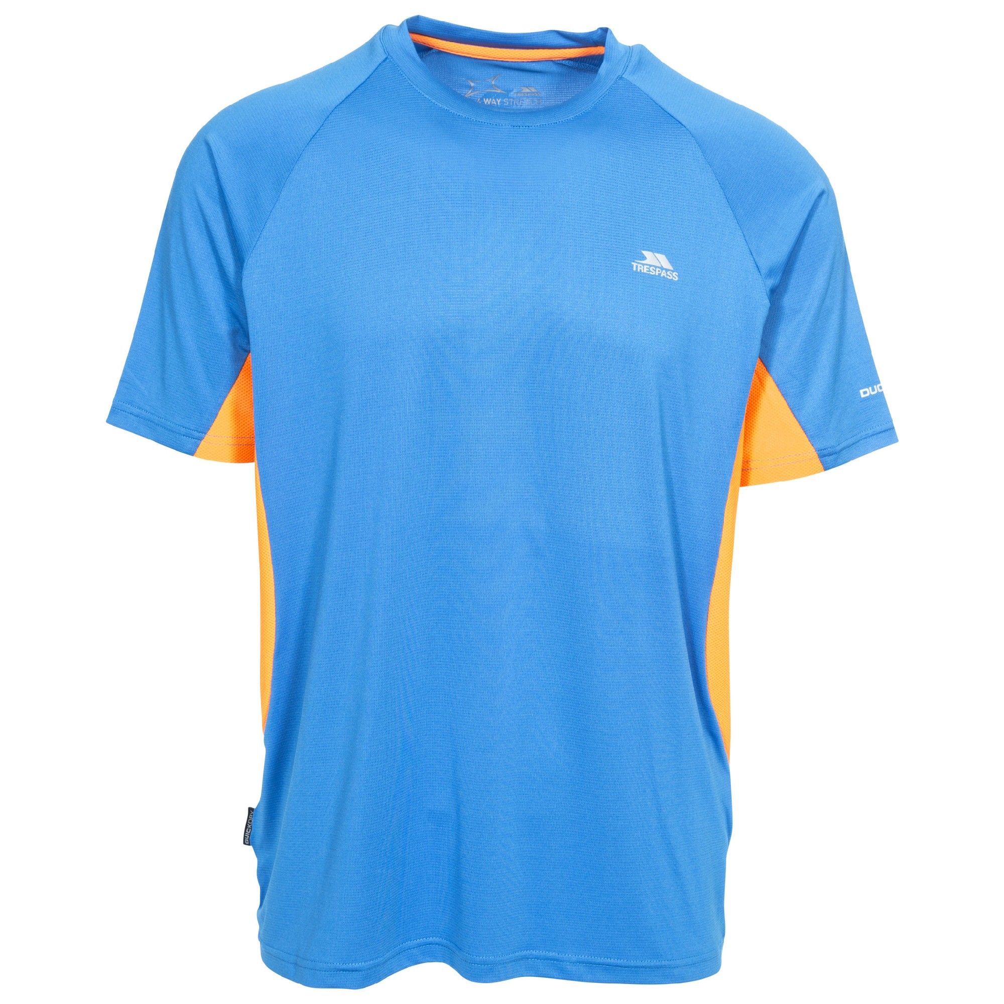 Short sleeve. Round neck. Contrast mesh panels. Reflective prints. 4 way stretch. Wicking. Quick dry. Main: 92% Polyester/8% Elastane, Mesh: 100% Polyester. Trespass Mens Chest Sizing (approx): S - 35-37in/89-94cm, M - 38-40in/96.5-101.5cm, L - 41-43in/104-109cm, XL - 44-46in/111.5-117cm, XXL - 46-48in/117-122cm, 3XL - 48-50in/122-127cm.