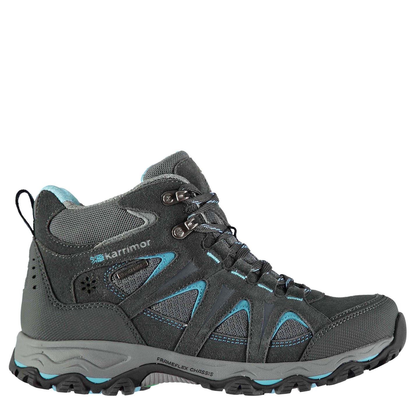 <strong> Karrimor Mount Mid Ladies Walking Boots</strong><br><br> 
Enjoy walking in these <strong> Karrimor Mount Mid Ladies Walking Boots</strong> which are extremely waterproof and breathable, making these boots perfect for all weather conditions and the rugged sole gives you all the grip you need on a wide range of terrains. These <strong> ladies Karrimor walking boots</strong> have a cushioned insole and padded ankle for luxurious comfort, whilst the over lace system gives you a secure fit. 

<br><br>> Please note: This product may have slight cosmetic differences from the image shown due to assorted colours or updated seasonal collections.

<br>> Ladies walking boots
<br>> Weathertite waterproof / breathable
<br>> Suede split leather upper
<br>> Frameflex 3D chassis
<br>> Dynagrip sole unit
<br>> Suede / textile upper, Textile inner, Synthetic sole