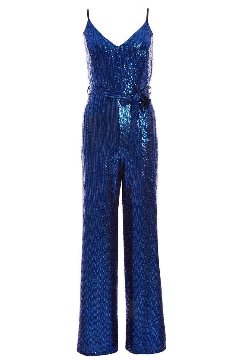 - Royal blue realness!  - Sequin finish  - Wide leg  - Belted waist  - Length: 142cm approx  - Material: 77% nylon,18% polyester, 5% Elastane  - Model height: 5' 9