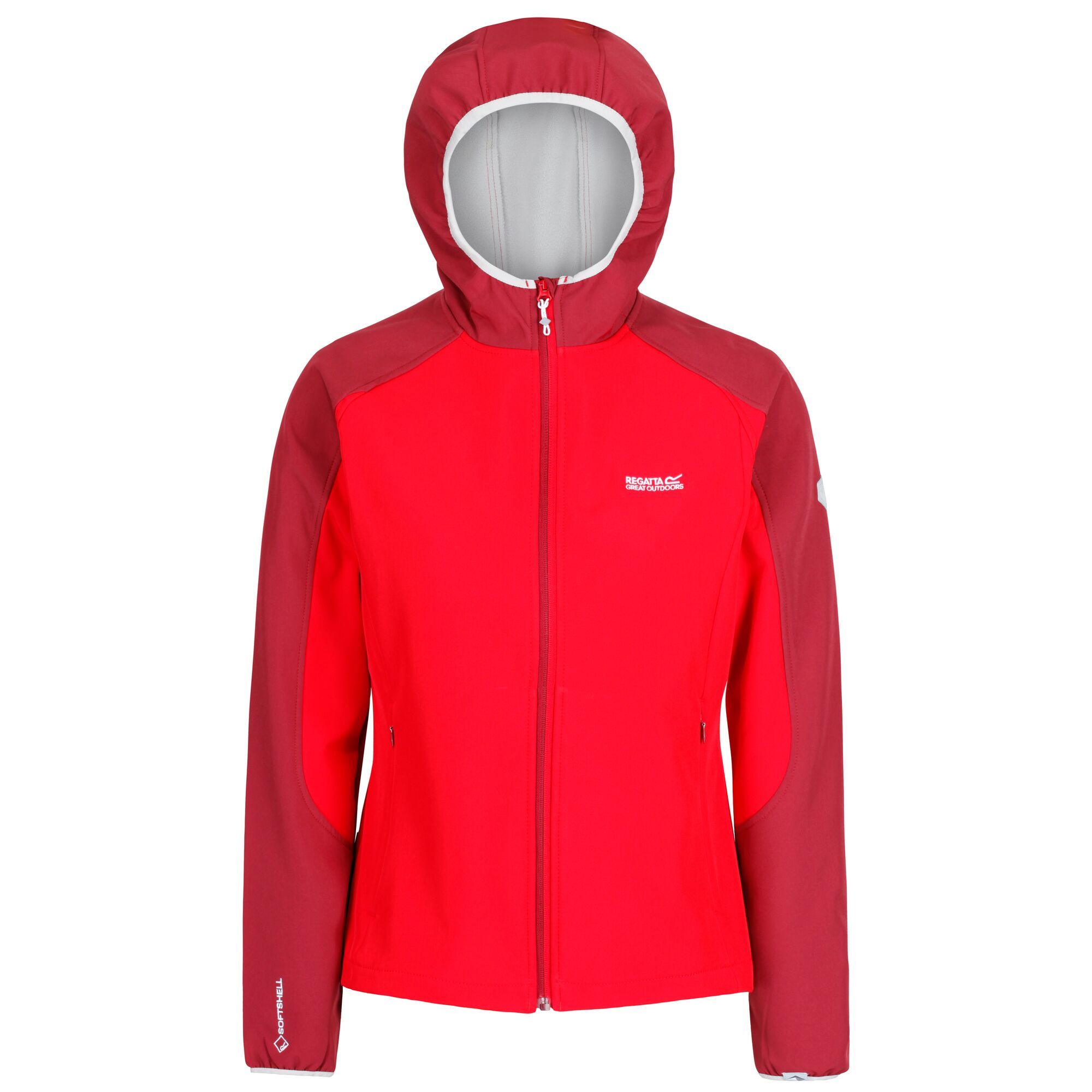 100% Polyester. Streamlined protection for active days at altitude. Technical softshell hoody. Durable and warm. Offers stretch and provides wind and water resistance. Peaked hood with 2 way adjusters. Stretch binding cuffs and hem. Zipped pockets.