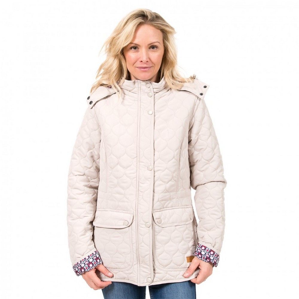 Womens padded coat. Onion quilted stitching. 2 stud fastening waist pockets. Detachable hood with fur trim. Drawcord at waist. Printed lining. Material composition: shell- 100% Polyester, lining- 100% Polyester, padding: 100% Polyester. Trespass Womens Chest Sizing (approx): XS/8 - 32in/81cm, S/10 - 34in/86cm, M/12 - 36in/91.4cm, L/14 - 38in/96.5cm, XL/16 - 40in/101.5cm, XXL/18 - 42in/106.5cm.