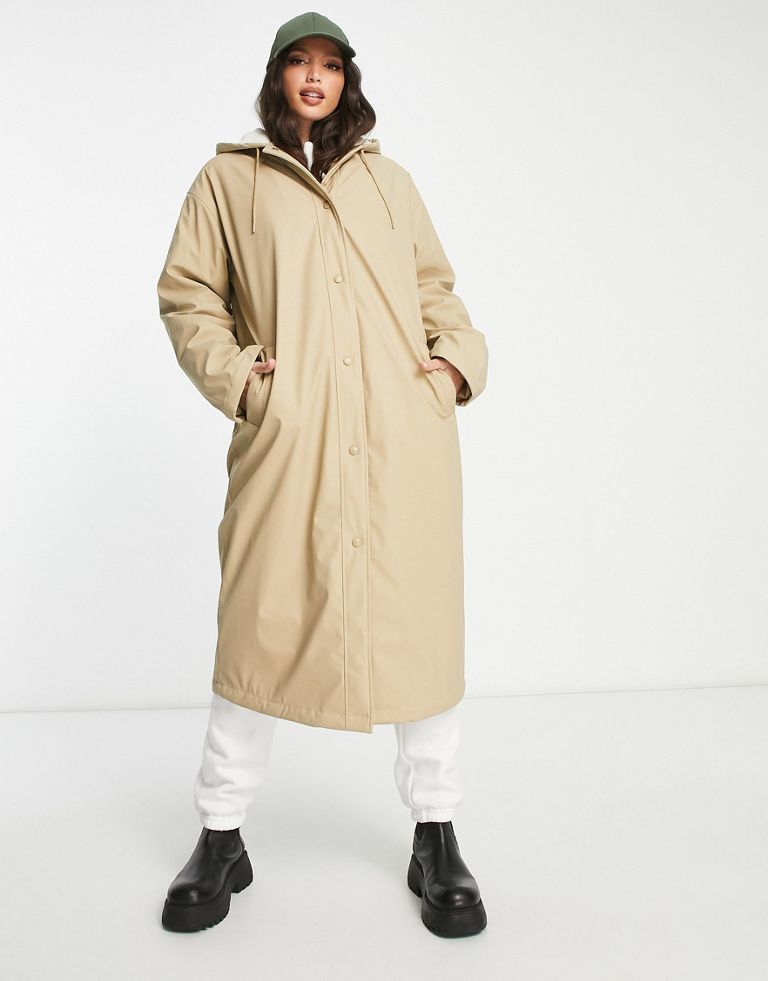 ASOS DESIGN Tall rubberised borg lined rain coat in stone-Neutral