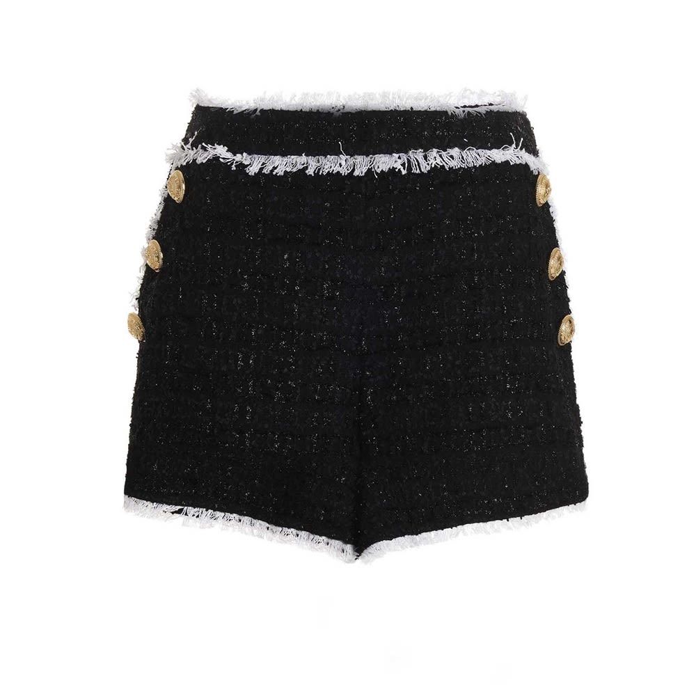 Tweed shorts with gold buttons, side zip and contrast frayed details.