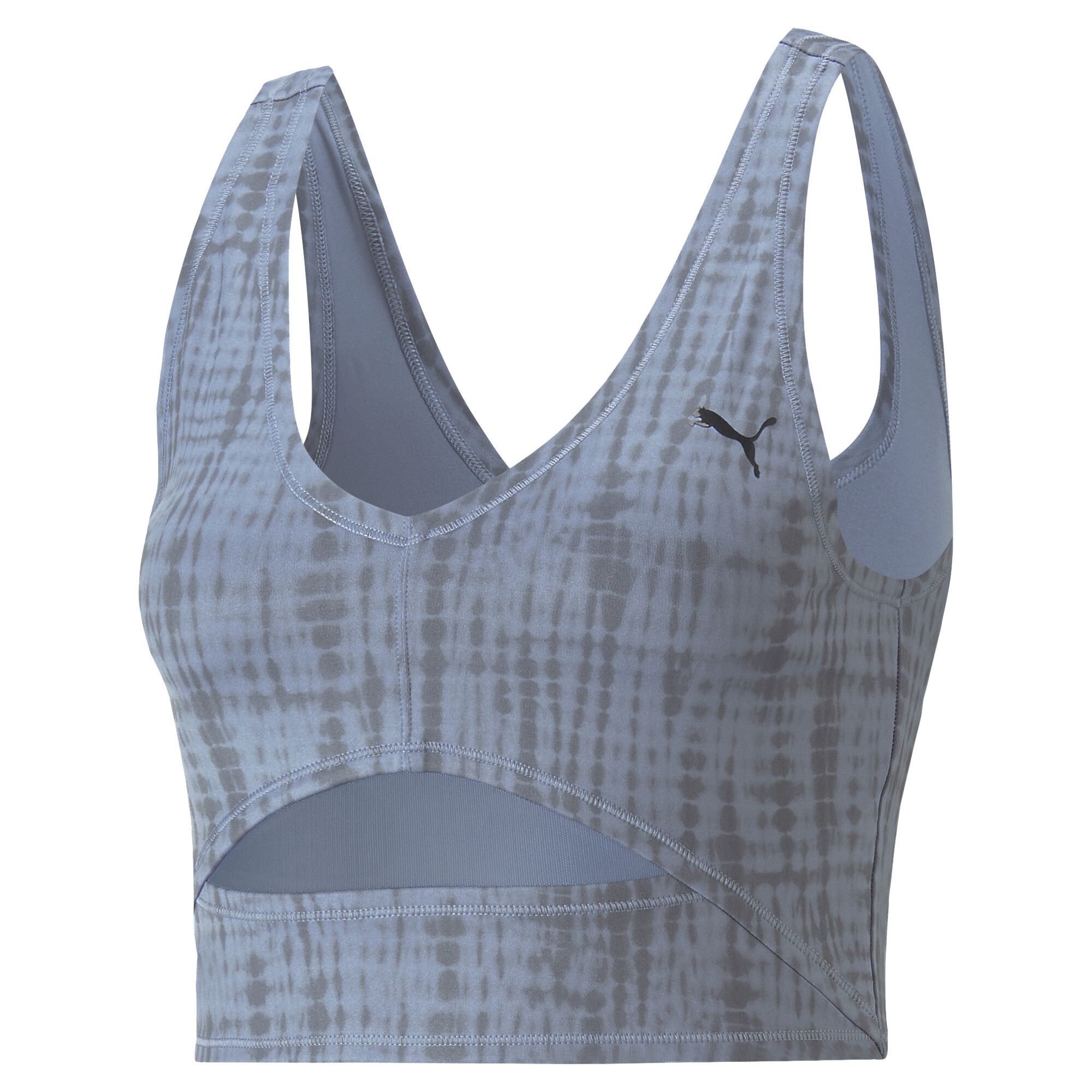 PRODUCT STORY Hit the yoga studio in the comfortable confines of this training top, which features a supportive fit, mesh keyholes for maximum air flow, and dryCELL moisture-wicking technology to keep you cool and comfortable as the action heats up. FEATURES & BENEFITS : dryCELL: Performance technology designed to wick moisture from the body and keep you free of sweat during exercise Recycled Content: Made with at least 70% recycled material as a step toward a better future DETAILS : Tight fit Keyhole detail with powermesh on front All-over graphic print PUMA Cat Logo on left chest