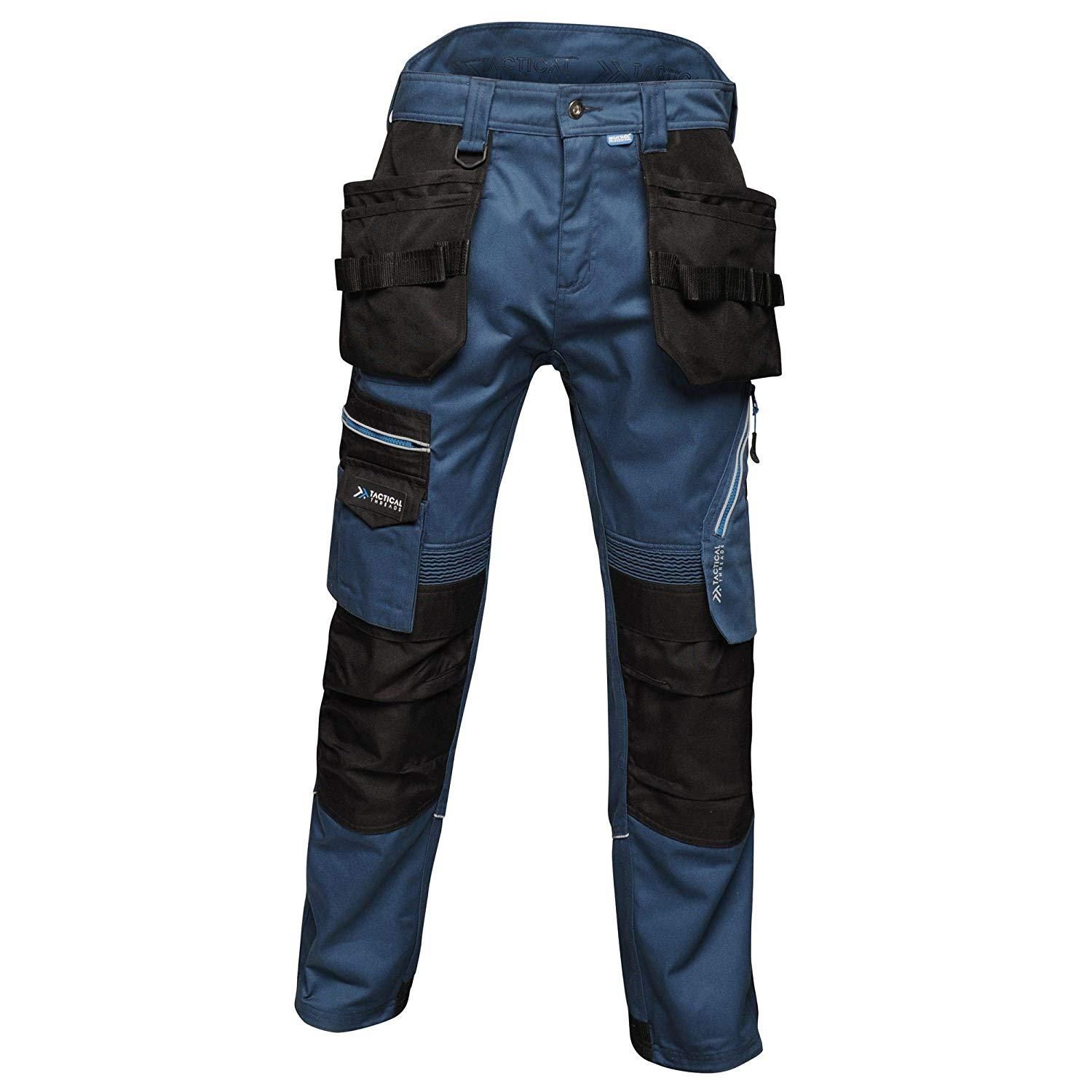 65% Polyester, 35% Cotton. Mens premium work trousers feature 2 front pockets and 3 front zipped pockets. Shank button at waist for extra strength. Shaped high back waistband for comfort. Inner anti-slip waistband print, reflective piping to the rear of legs. Belt loops, D-ring attachment, slim fit design, reinforced hem overlays. Made from poly/cotton twill fabric.