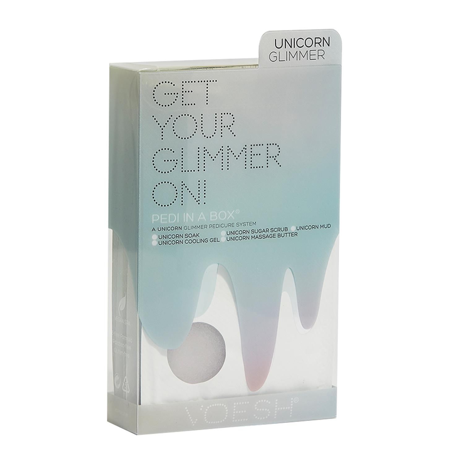 Voesh Get Your Glimmer On 5 Step Unicorn Glimmer Pedi In A Box Glimmer Spa.  Voesh glimmer Pedi in a box is the 5-step single-use pedicure experience. Definitely sparkly A pedicure with a whole lot of shimmers! For a party-ready skin that looks slimmer, brighter and refreshed.For a party-ready skin that looks slimmer, brighter and refreshed. Inspired by the magical mystical Unicorn, with hydrating and softening benefits of Peach. Set includes Unicorn Soak, Unicorn Sugar Scrub, Unicorn Mud, Unicorn Cooling Gel and Unicorn Massage Butter.  Made With Vanilla Bean Extract. 

The Perfect Pedi For:
DIY At-Home Pedicure
Date Night
Bachelorette Parties
Girls’ Night In

This kit contains:
Sea Salt Soak 35g: This soak helps relieve tension, stiffness, minor aches and discomfort in your feet. It helps detox and deodorize the feet.
Sugar Scrub 35g: The scrub gently exfoliates dead skin cells and helps soften your feet. Perfect for use on the soles on your feet.
Mud Masque 35g: The masque removes deep-seated impurities in your skin leaving your feet feeling clean and revived.
Cooling Gel Mask 35g: This gel-based mask helps cool and soothe your feet. It is packed with gold shimmer for a touch of luxury.
Massage Cream 35g: The massage cream hydrates and soothes skin. It softens the soles of your feet and helps prevent dryness and roughness.