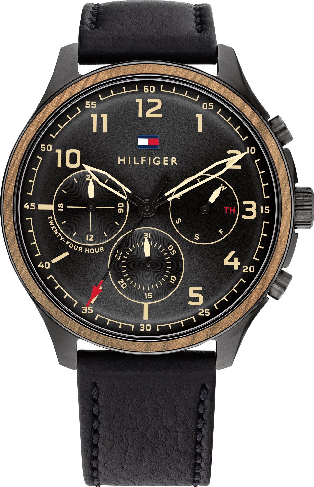 This Tommy Hilfiger Asher Multi Dial Watch for Men is the perfect timepiece to wear or to gift. It's Black 43 mm Round case combined with the comfortable Black Leather watch band will ensure you enjoy this stunning timepiece without any compromise. Operated by a high quality Quartz movement and water resistant to 5 bars, your watch will keep ticking. This classic watch gives a comfortable feeling with its leather strap, it's perfect for every occasion -The watch has a calendar function: Day-Date, 24-hour Display High quality 21 cm length and 20 mm width Black Leather strap with a Buckle Case diameter: 43 mm,case thickness: 11 mm, case colour: Black and dial colour: Black