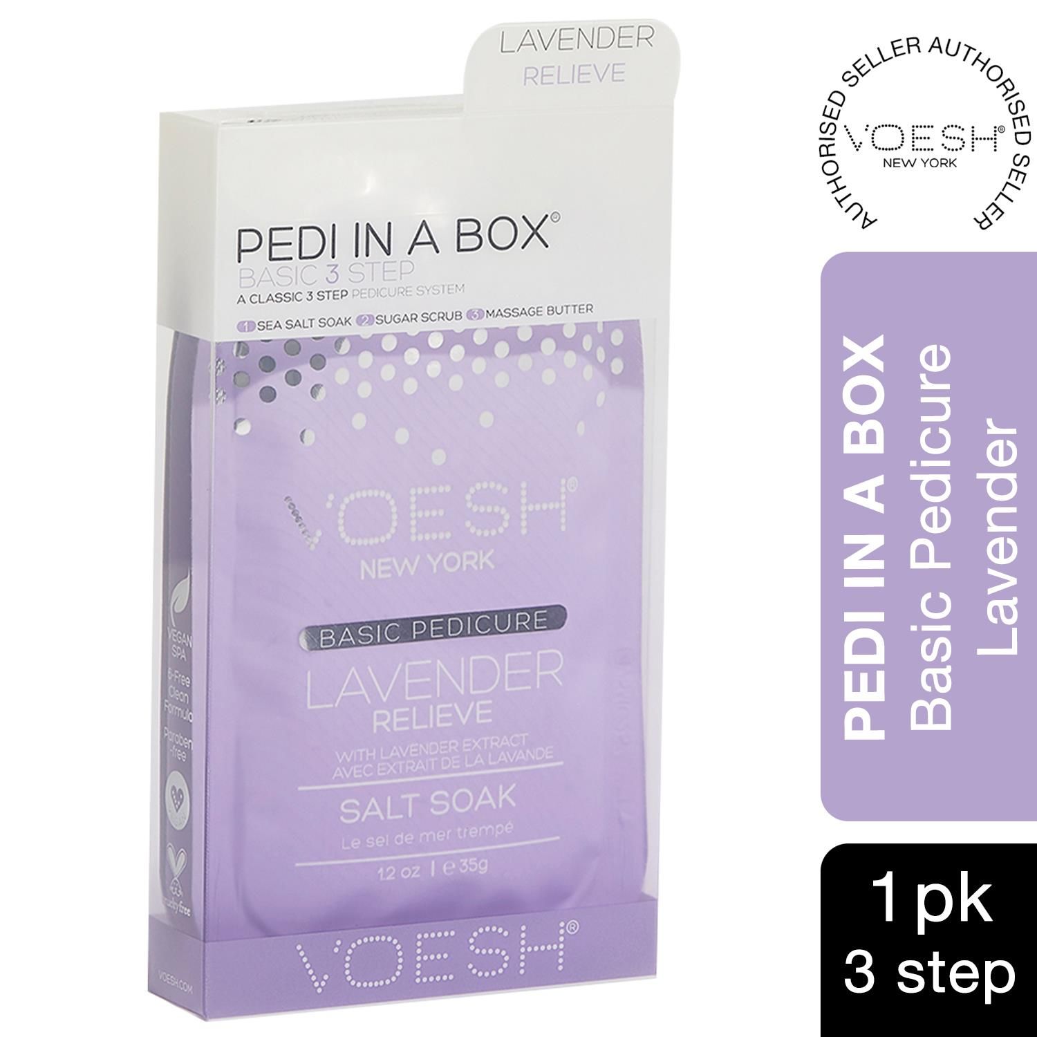 Voesh Lavender Relieve Deluxe 3 Step Pedi In A Box with Lavender Extract. Voesh individual spa pedicure collection is a 3 step treatment. The cleanest and most hygienic Spa Pedicure solution. Enriched with key ingredients to give your feet the nutrition it needs. Each product is individually packed with the right amount for a single pedicure. Set Includes Sea Salt Soak, Scrub and Massage Cream.  

The Perfect Pedi For:
Everyday Pedicure Service
Clean & Hygienic Treatment

Key Features: 
The cleanest and most hygienic Spa Pedicure solution.
Enriched with key ingredients to give your feet the nutrition it needs.
Each product is individually packed with the right amount for a single pedicure.
Set Includes Sea Salt Soak, Scrub and Massage Cream.

This kit contains:
Sea Salt Soak 35g: This soak helps relieve tension, stiffness, minor aches and discomfort in your feet. It helps detox and deodorize the feet.
Sugar Scrub 35g: The scrub gently exfoliates dead skin cells and helps soften your feet. Perfect for use on the soles on your feet.
Massage Cream 35g: The massage cream hydrates and soothes skin. It softens the soles of your feet and helps prevent dryness and roughness.