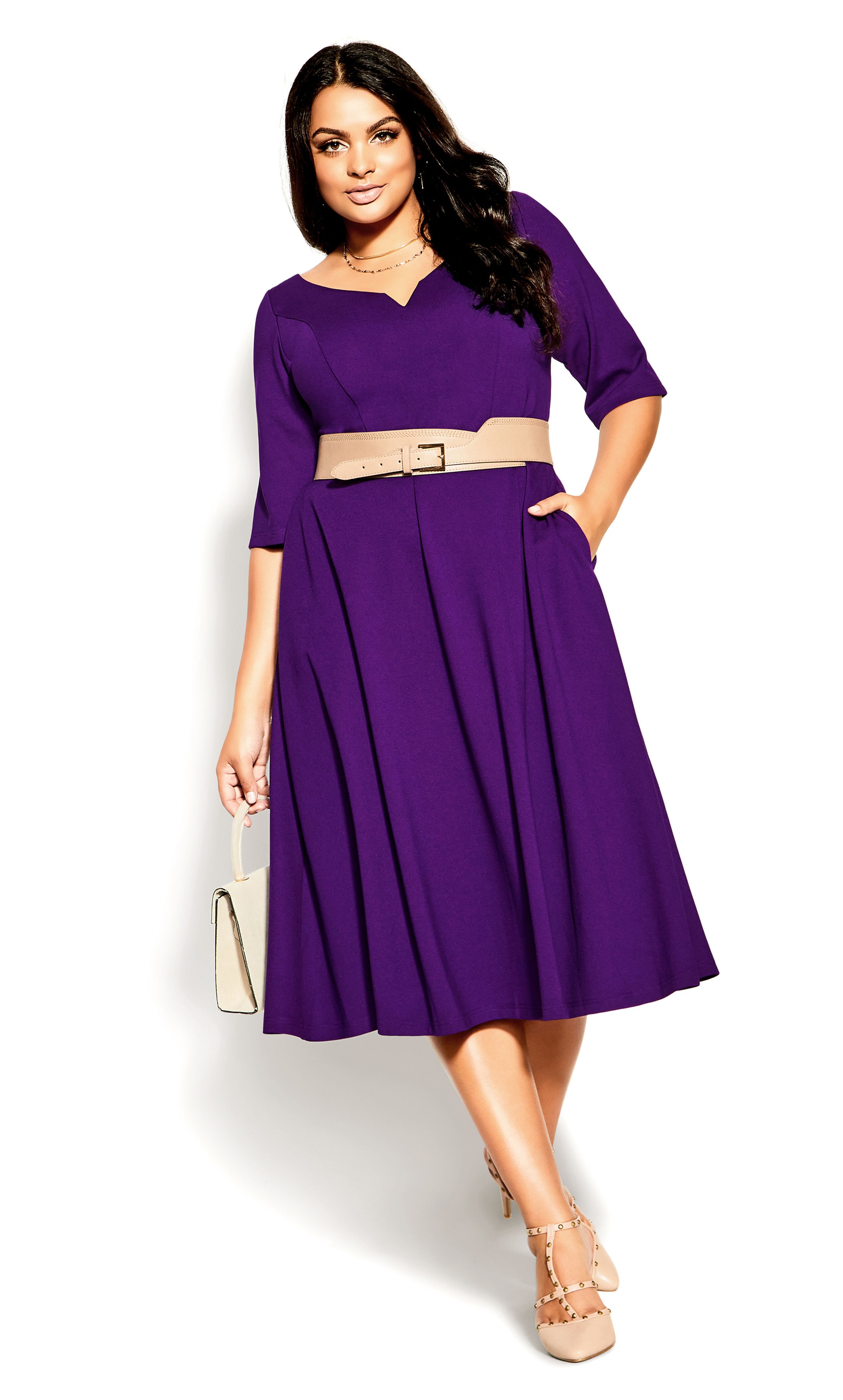 Perfect for date nights, evenings out or cocktail parties, the Cute Girl Elbow Sleeve Dress is the answer to every style woe! Showcasing a sweetheart V-neckline and flirty flared silhouette, this utterly form-flattering midi dress is perfect for versatile styling. Key Features Include: - Deep sweetheart V-neckline - Elbow sleeves - A-line skirt - Lined to the waist - Side pockets - Heavyweight stretch fabrication - Midi length Level up the glam with shiny pumps and sparkling drop earrings.