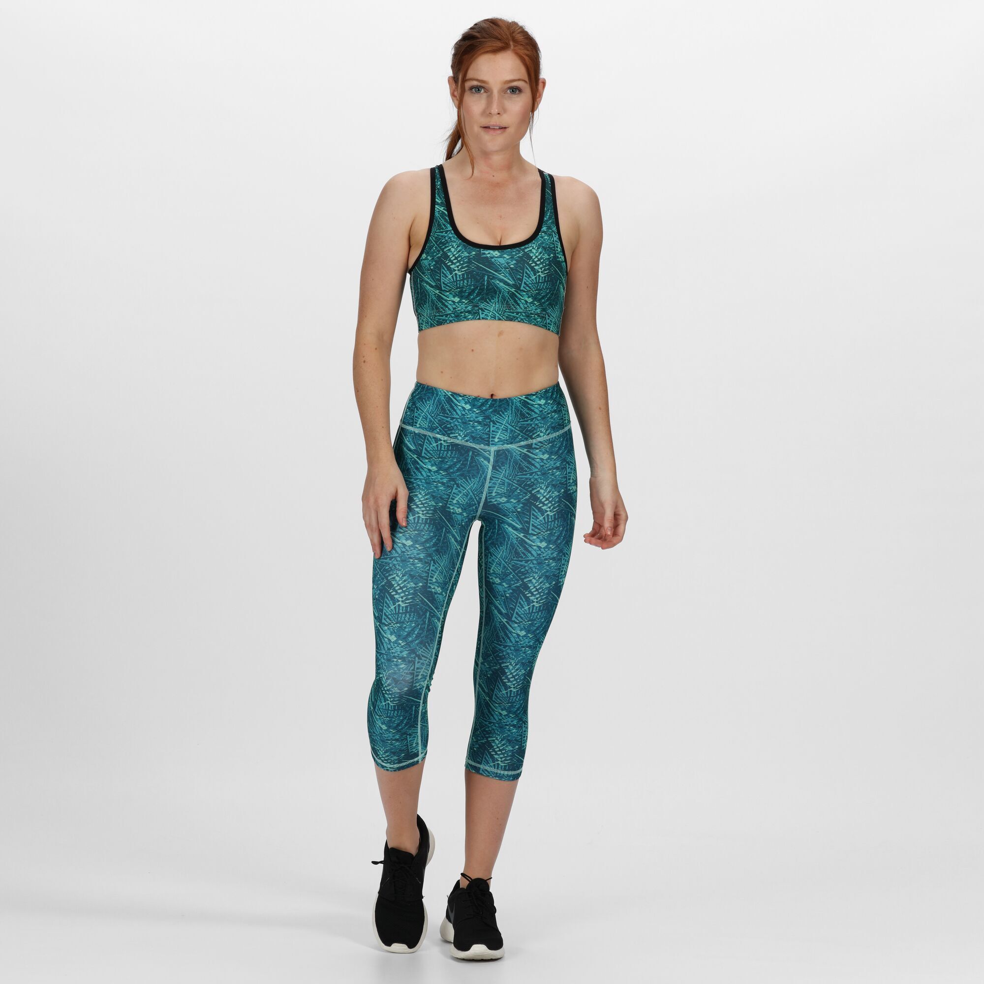 85% polyester, 15% elastane. Good wicking performance. Quick drying. Built-in bra support. Double layer front panel for complete support and comfort.