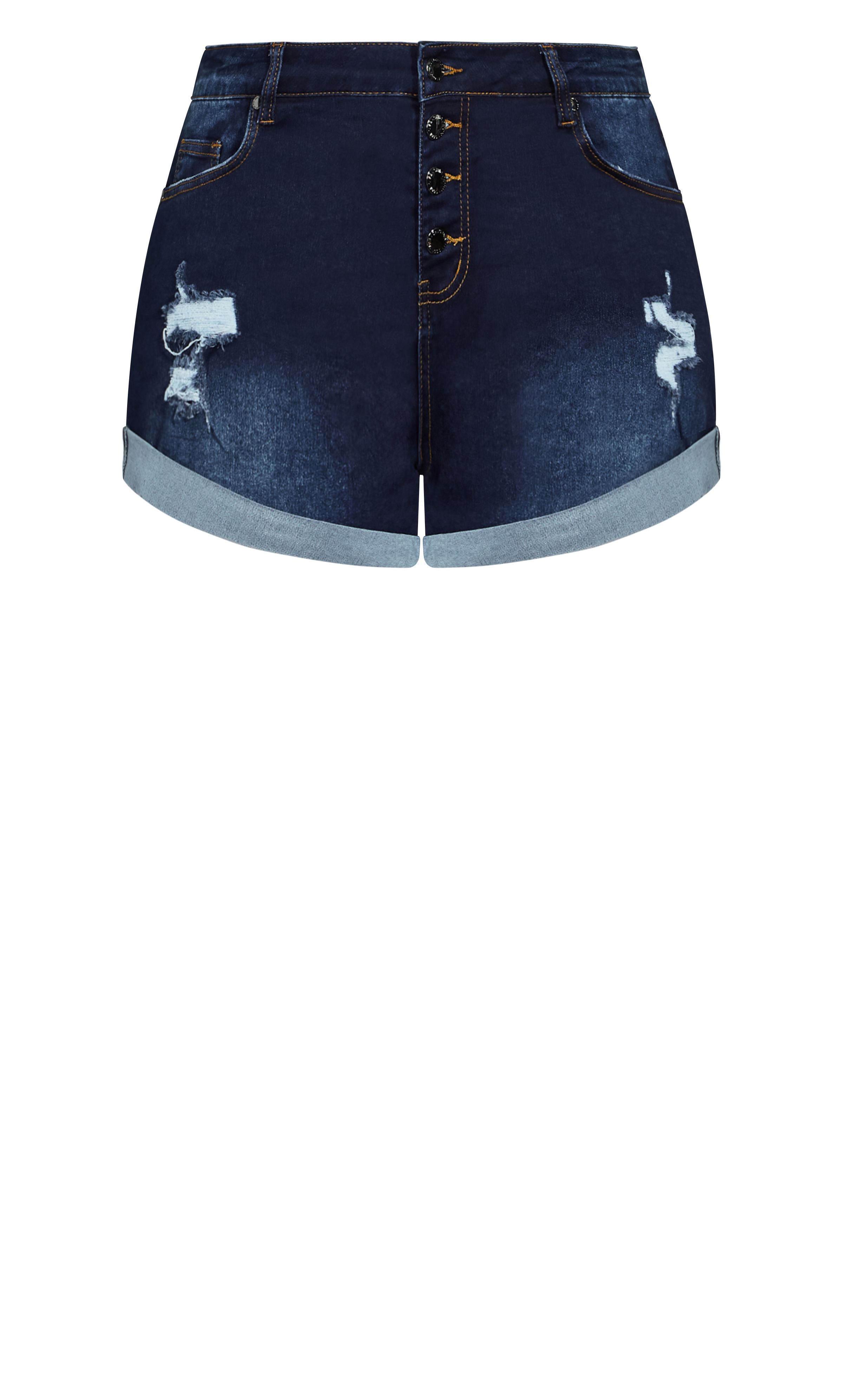 Reinforce the backbone of your wardrobe with the beautiful Denim Cuff Shorts. These shorts feature a quad-button front closure, trendy distressed detailing, cuffed hemlines and a fabric construction made from a stretch denim fabrication which will fit your curves like a glove. Key Features Include: - Quad-button closure - Mid rise - Mid wash denim - Belt looped waistband - Classic 5 pocket denim styling - Distressed detailing - Stretch denim fabrication - Cuffed hemline Team these shorts with a distressed denim jacket and an oversized tee for a weekend-ready look.