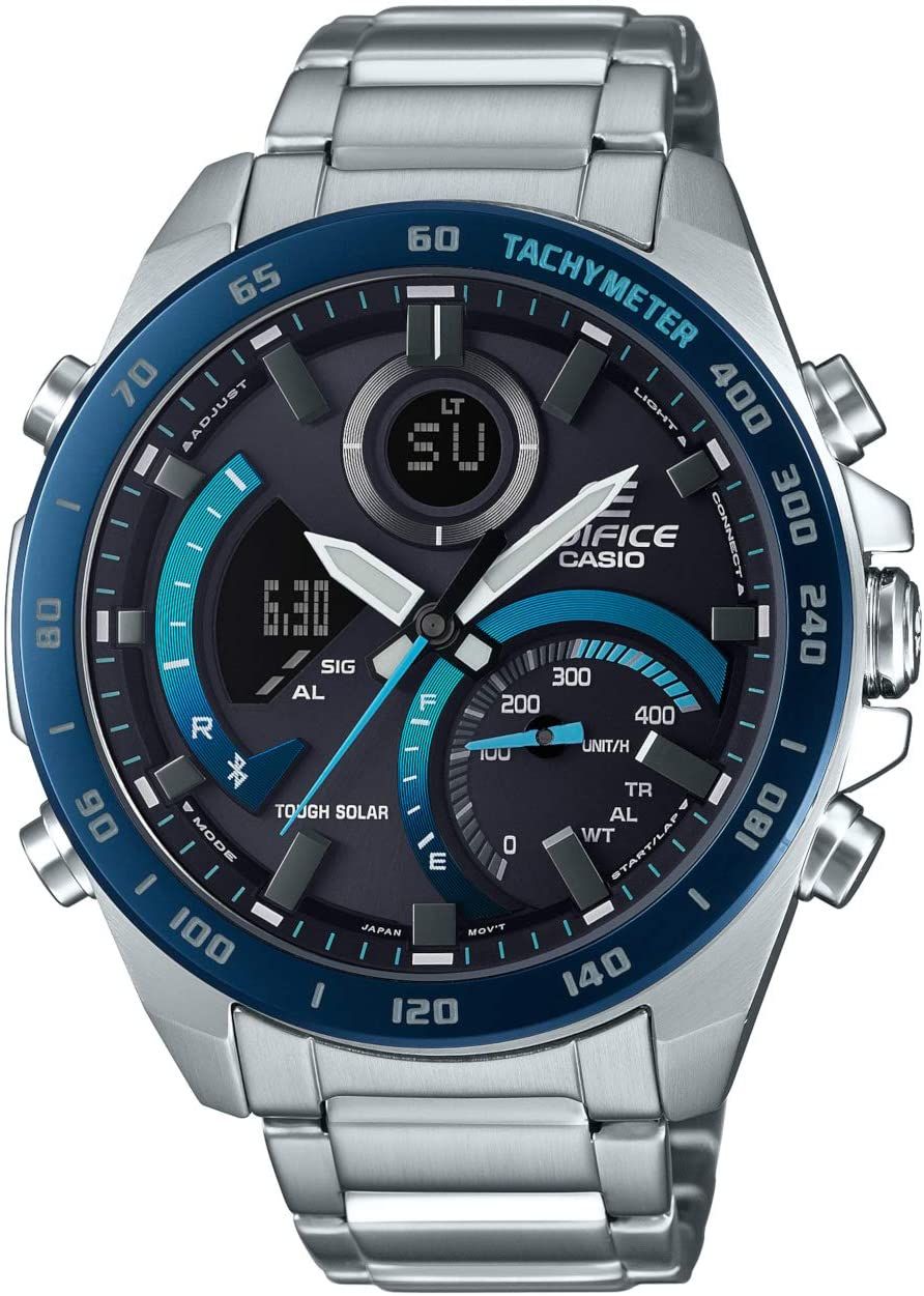 This Casio Edifice Analogue-Digital Watch for Men is the perfect timepiece to wear or to gift. It's Silver 44 mm Round case combined with the comfortable Silver Stainless steel watch band will ensure you enjoy this stunning timepiece without any compromise. Operated by a high quality Quartz movement and water resistant to 10 bars, your watch will keep ticking. This solar powered watch recharges itself in any kind of light,This solar watch does not require any battery replacement. -The watch has a calendar function: Day-Date, Solar Powered, Bluetooth, Stop Watch, Worldtime, Alarm High quality 21 cm length and 21 mm width Silver Stainless steel strap with a Fold over with push button clasp Case diameter: 44 mm,case thickness: 14 mm, case colour: Silver and dial colour: Blue