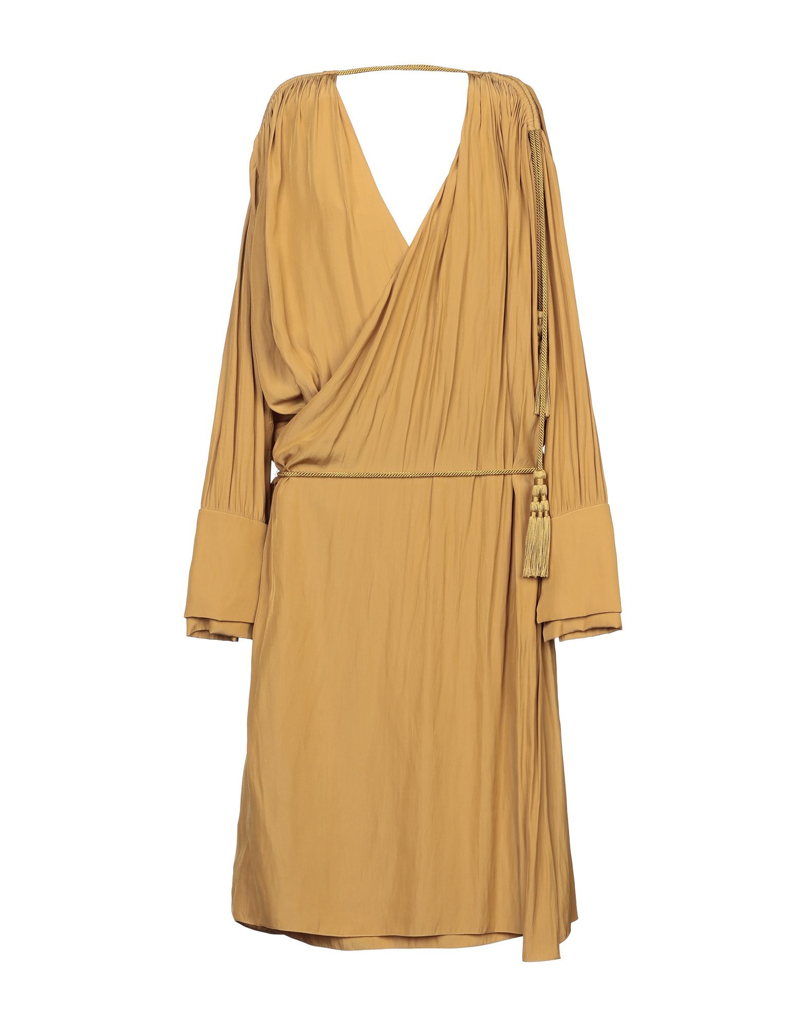 plain weave, tassels, draped detailing, basic solid colour, deep neckline, long sleeves, no pockets, side closure, self-tie wrap closure, fully lined, contains non-textile parts of animal origin