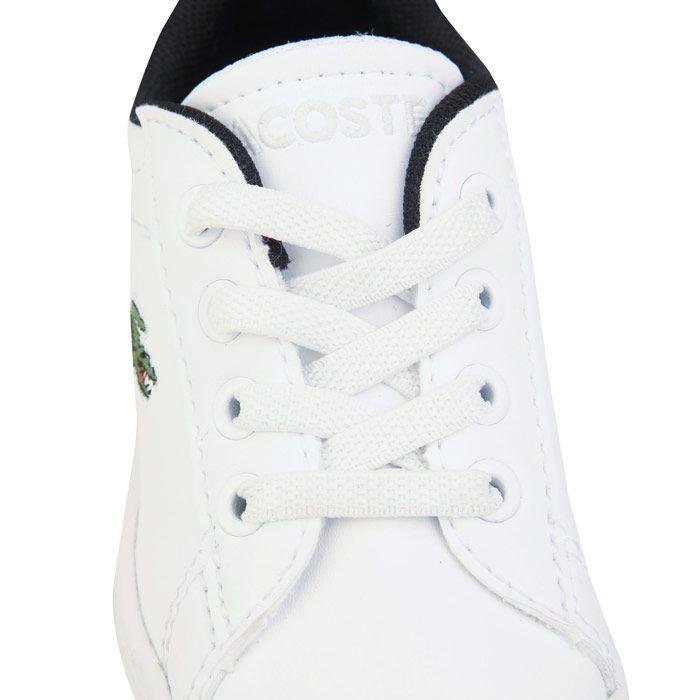 Infant Boys Lacoste Carnaby Evo Trainers in white black.- Leather and synthetic uppers.- Signature green crocodile branding.- Sport-inspired mesh linings and tread.- Tonal binding and webbing on the heel.- Rubber outsole.- Leather and synthetic upper  Textile lining  Synthetic sole.- Ref: 740SUI0002147