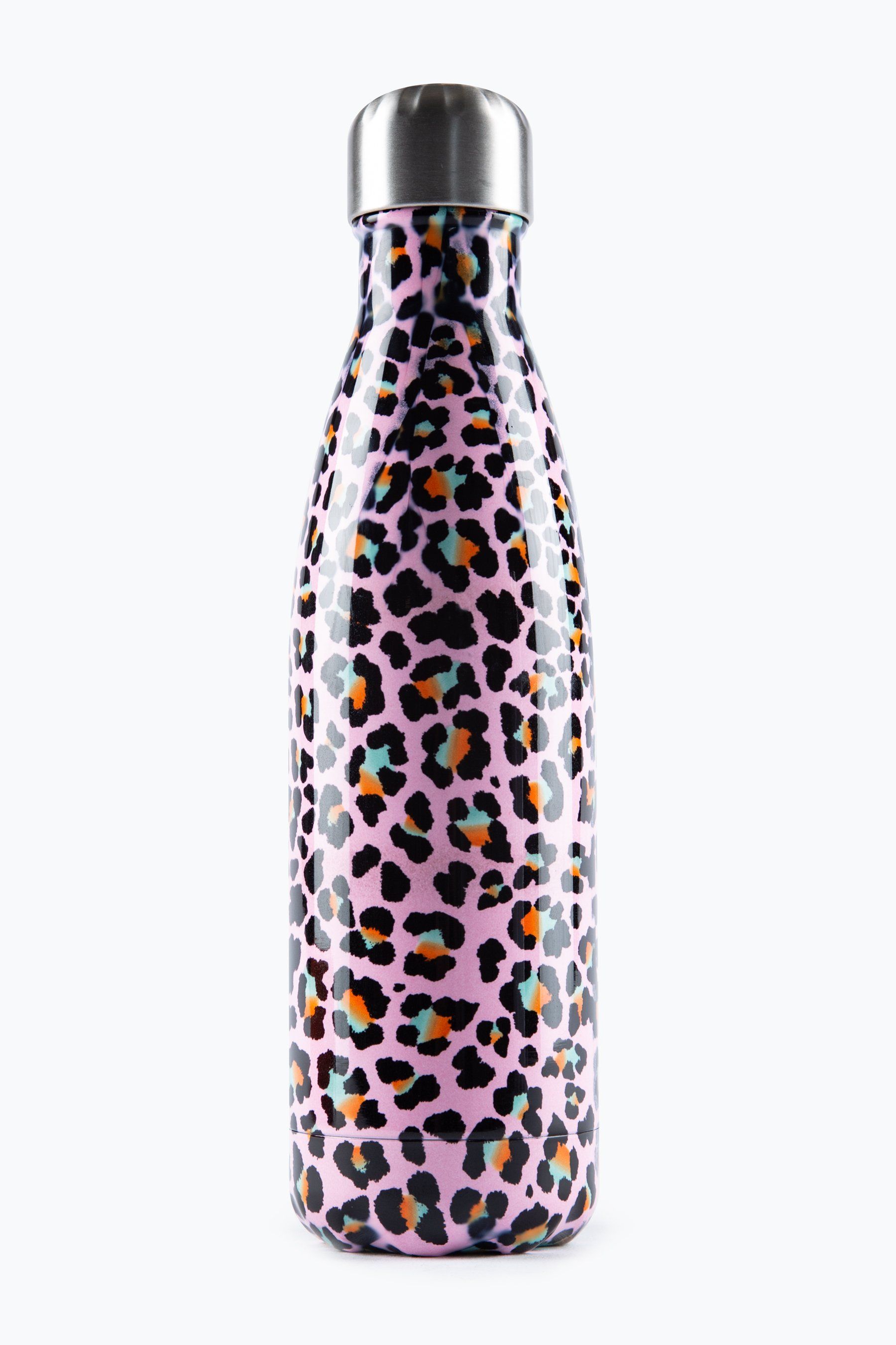 Keeping you hydrated, in style. Meet the HYPE. Disco Leopard Reusable Water Bottle, perfect for when you're on the go. Designed in Aluminium to ensure your water stays ice-cold and for chillier days, keeping your oat milk latte warm for longer. Reuse it again and again with an airtight screw lid prevents spills. Designed in an all-over leopard inspired print in a pink, orange and mint colour palette. Why not grab one of our lunch bags or backpacks with a bottle holder to complete the look. Hand wash only.