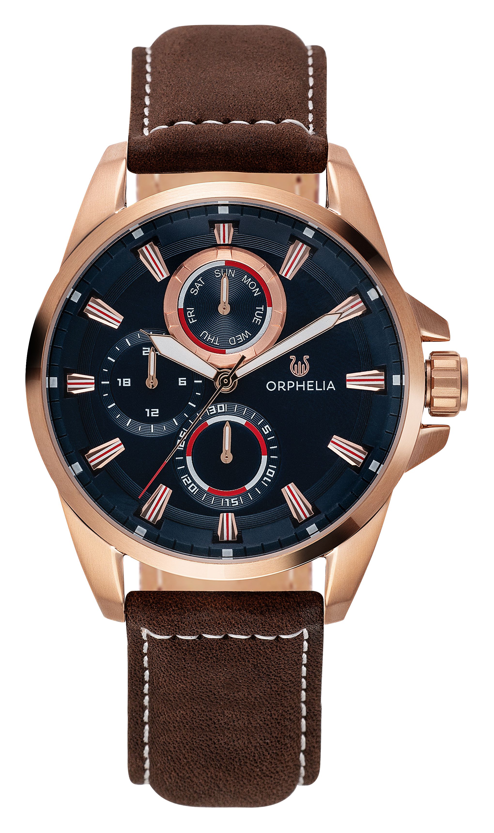 This Orphelia Eddington Multi Dial Watch for Men is the perfect timepiece to wear or to gift. It's Rose Gold 44 mm Round case combined with the comfortable Brown Genuine Leather watch band will ensure you enjoy this stunning timepiece without any compromise. Operated by a high quality Quartz movement and water resistant to 3 bars, your watch will keep ticking. SOPHISTICATED DESIGN: ORPHELIA Eddington Multi dial watch with a Miyota Quartz movement includes a Date and 24-hour display and has an expensive leather strap. This watch features Luminous Hands & Numerals. Wear this Special designed watch daily as a polished yet functional finish PREMIUM QUALITY: By using high-quality materials  Glass: Mineral Glass  Case material: Stainless steel  Bracelet material: Leather - Water resistant: 3 bars COMPACT SIZE: Case diameter: 44 mm  Height: 12 mm  Strap- Length: 22 cm  Width: 20 mm. Due to this practical handy size  the watch is absolutely for everyday use-Weight: 88 g