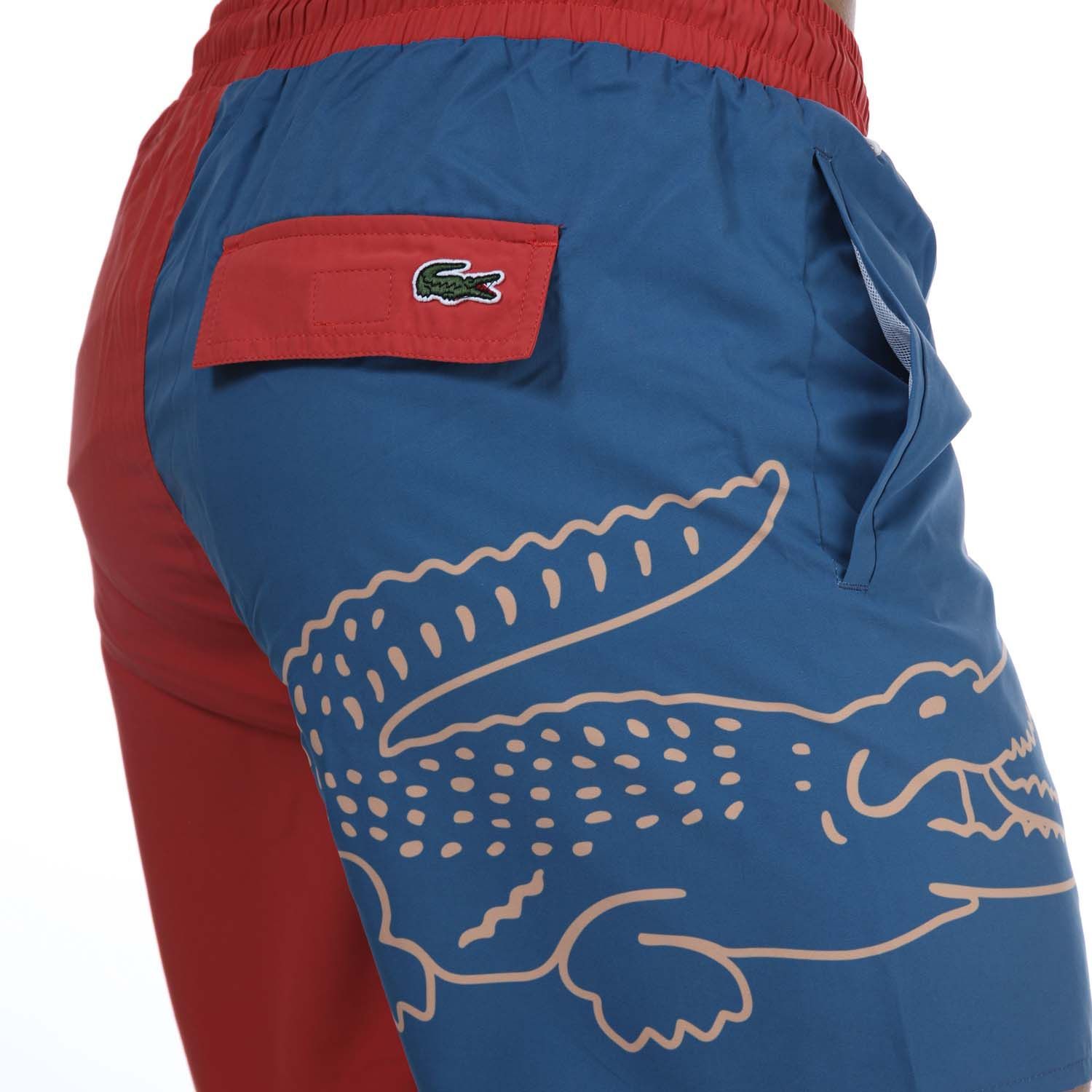 Lacoste tweekleurige zwemshort met krokodilopdruk voor heren, rood-marineblauw