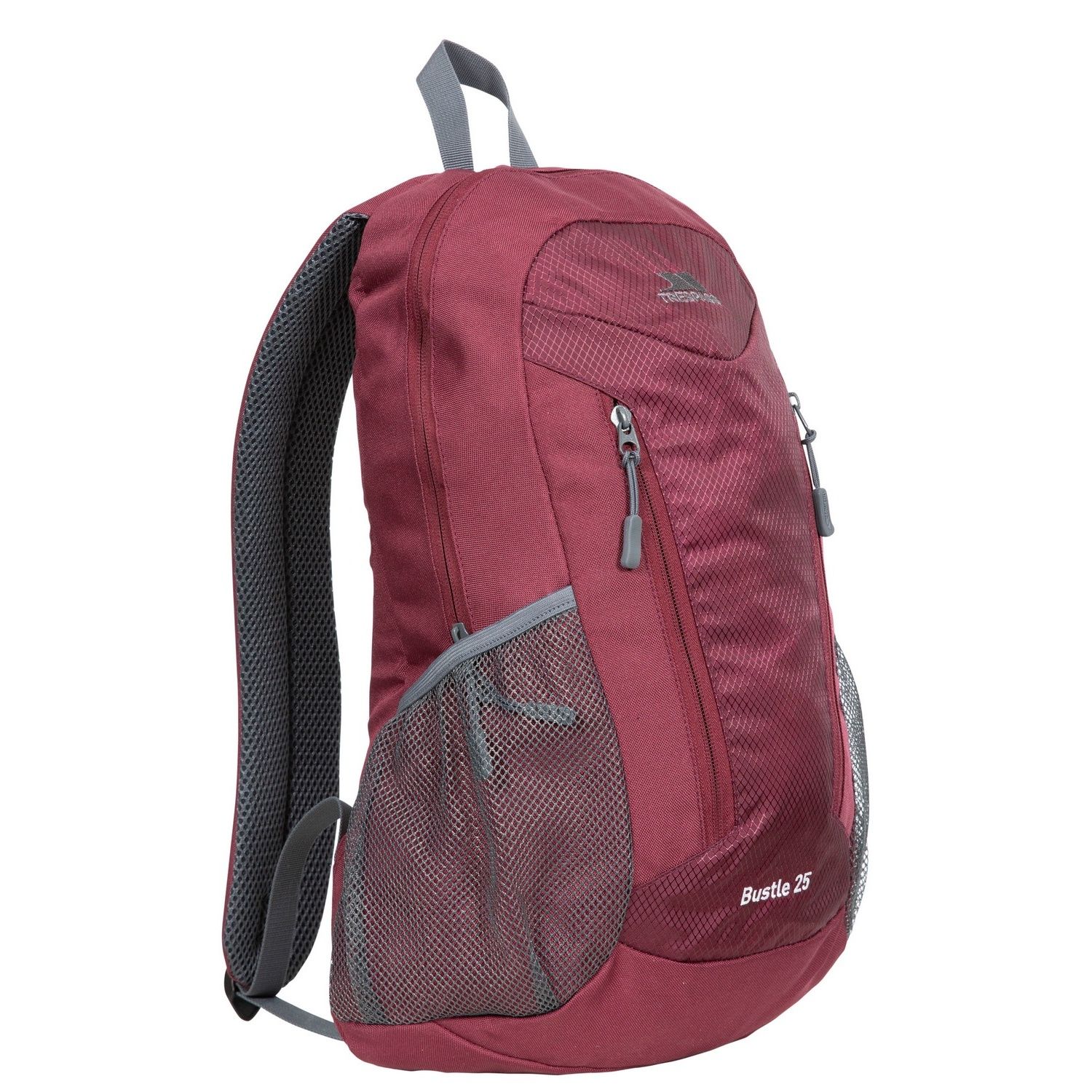 Material: 100% 600D polyester. 25L capacity. 3 zipped sections. Internal laptop pocket. 2 mesh side pockets.