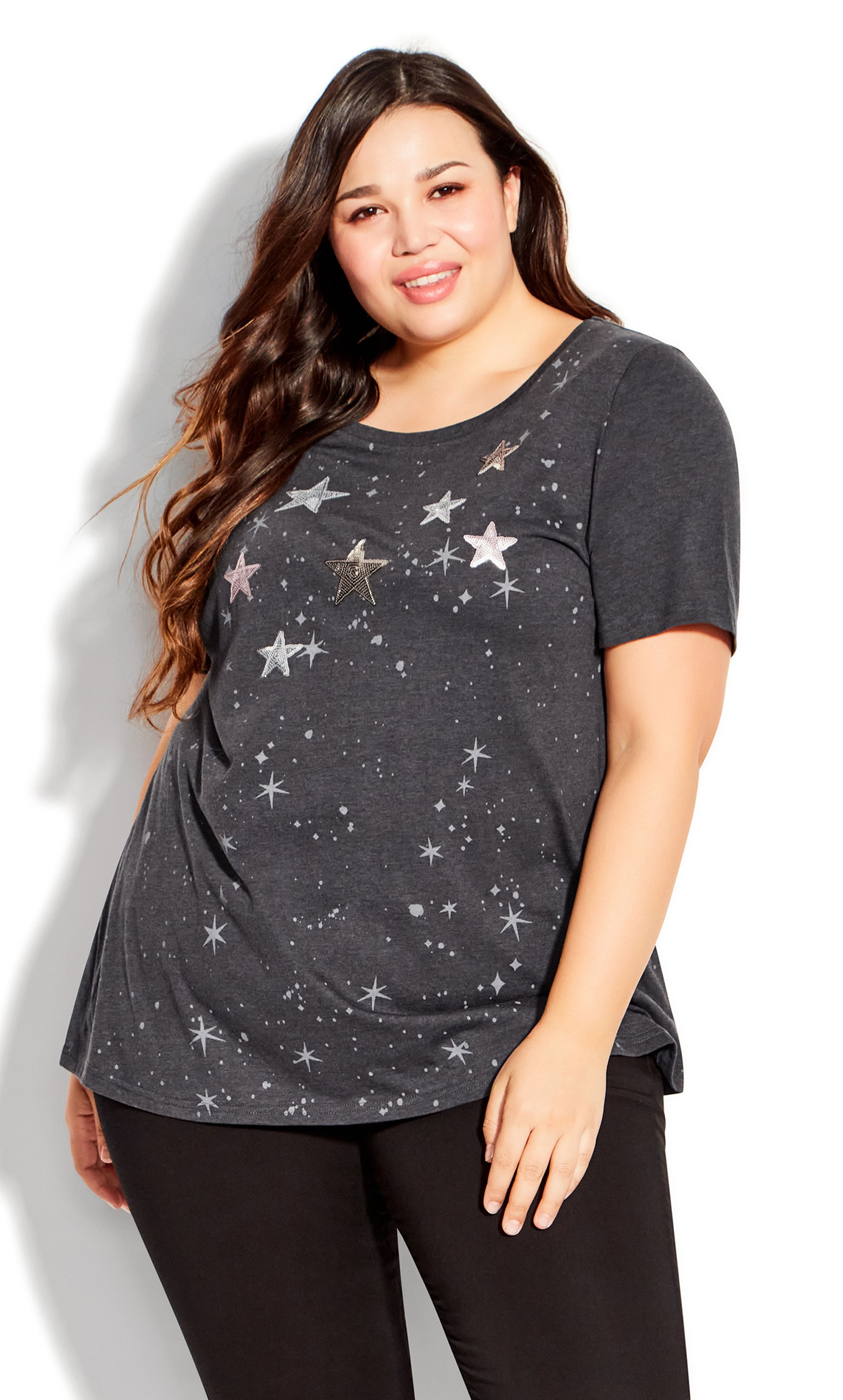 Show star potential in this classic charcoal tee! The Star Top features sequin embellishment to liven up this simple shape, perfect for any occasion in a comfortable Cotton fabrication. Key Features Include: - Round neckline - Short sleeves - Pull-over fit - Relaxed tee silhouette - Sequin embellished star graphic - Easy wear, easy-care Cotton fabrication - Straight hemline at hips Switch out a basic black tee for this printed pick with skinny jeans and some slouchy boots.