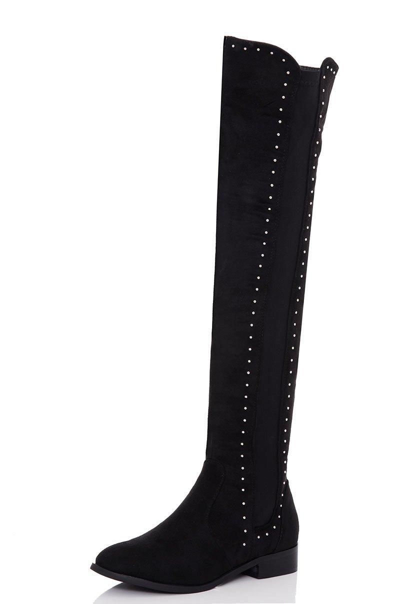 These boots are a must this season. In an over the knee style, with studs and rounded toes, combine with a short knitted dress and a jacket for a stunning winter look.    - Over the knee length  - Flats  - Studs  - Rounded toes    Height: 56cm approx