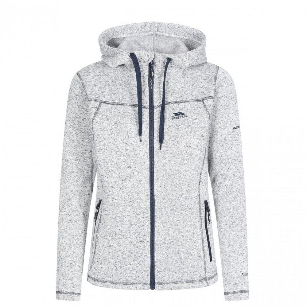 Knitted marl fleece. Brushed back. Hooded style. Contrast zips. 2 zip pockets. Inner zip facing. Coverseam stitch detail. Adjustable drawcord hem. Contrast hood cord ties. 100% Polyester. Trespass Womens Chest Sizing (approx): XS/8 - 32in/81cm, S/10 - 34in/86cm, M/12 - 36in/91.4cm, L/14 - 38in/96.5cm, XL/16 - 40in/101.5cm, XXL/18 - 42in/106.5cm.