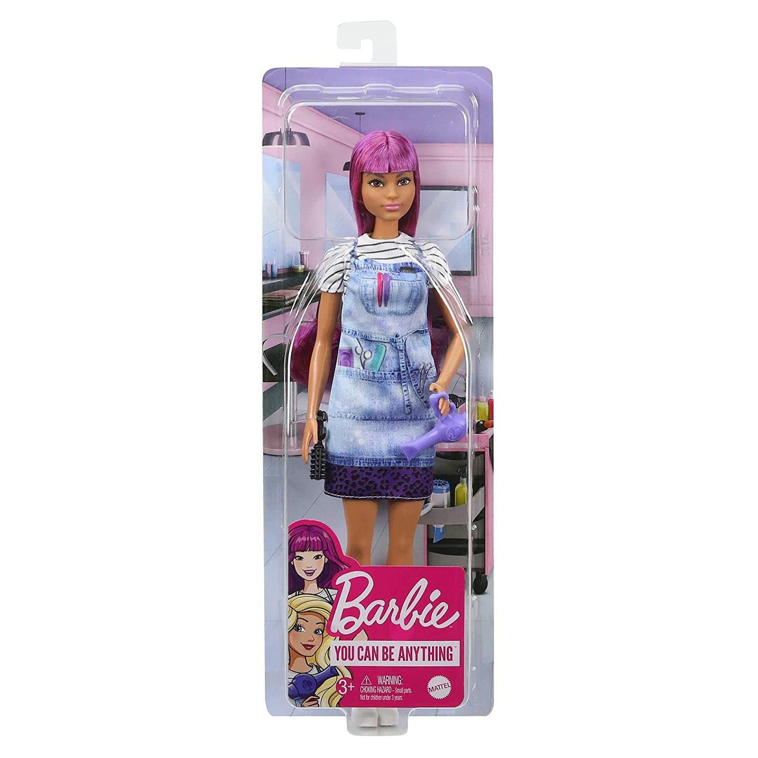 Barbie Careers Hair Stylist Doll with Accessories, Great Toy Gift For 3 Years Old & Up

Explore a world of hairstyling fun with the Barbie salon stylist doll! When a girl plays with Barbie, she imagines everything she can become, and if you love cutting and styling hair, you can be a salon stylist! The Barbie salon stylist doll (12-in/30.40-cm) wears a cute striped tee and a tie-dye smock, comfy shoes and has long purple hair. She comes with a blow dryer and brush (clips let the doll hold them) plus two hair clips. Kids will love the endless possibilities for creative expression and storytelling fun. Doll cannot stand alone. Colours and decorations may vary. Makes a great gift for ages 3 years old and up.

Features:

Explore hairstyling fun with the Barbie salon stylist doll and related accessories!
Wearing a tie-dye smock, striped tee and comfy shoes, the Barbie salon stylist doll (12-in/30.40-cm) is ready to make her clients look they're very best!
Barbie salon stylist doll can hold the blow dryer and brush to style hair in a variety of fun looks!
Explore a world of creative play and storytelling fun with the Barbie salon stylist doll!
Makes a great gift for kids 3 years old and up, especially those interested in hair styling, fashion play and creativity!

Specifications:

Toy Type: Barbie Salon Stylist Doll
Colour: Blue
Material: Abs Plastic
Age Range:  3 Years & Above

Box Contains:

1x Barbie Hair Stylist Doll 
1x Blow Dryer 
1x Brush