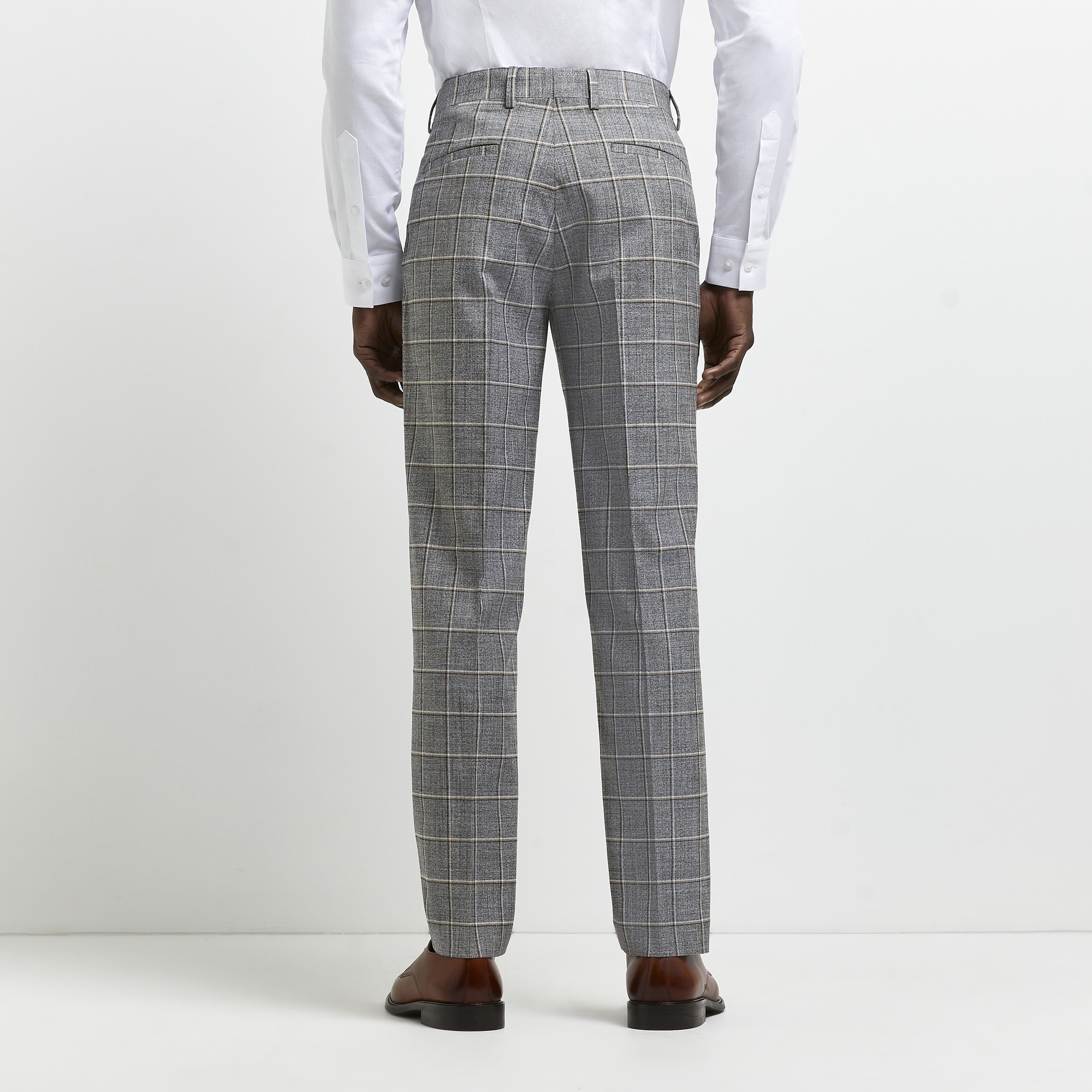 River Island Mens Suit Trousers Grey Camel Grid Check Slim