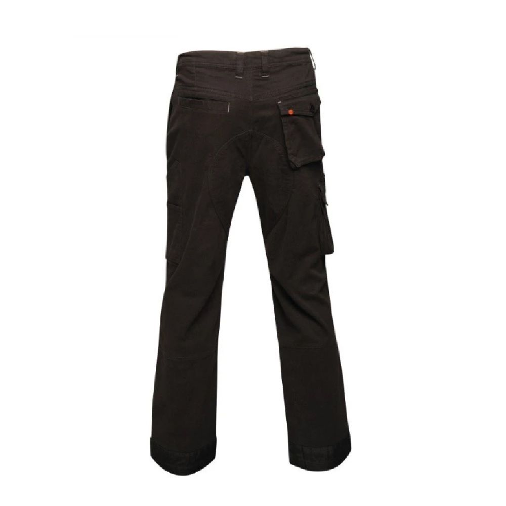 Mens work trousers with Cotton twill with stretch. Fabric weight 270gsm. Cordura bottom loading knee pockets. Belt loops. Reinforced seams with triple stitching. Reinforced crotch seam. 2 front pockets. 2 back pockets. Concealed zipped pocket. 1 cargo leg pocket. Side leg Ruler pocket. Reinforced hem overlays. Compatible with Tactical Threads. 2% Elastane, 98% Cotton. Regular: 32in.