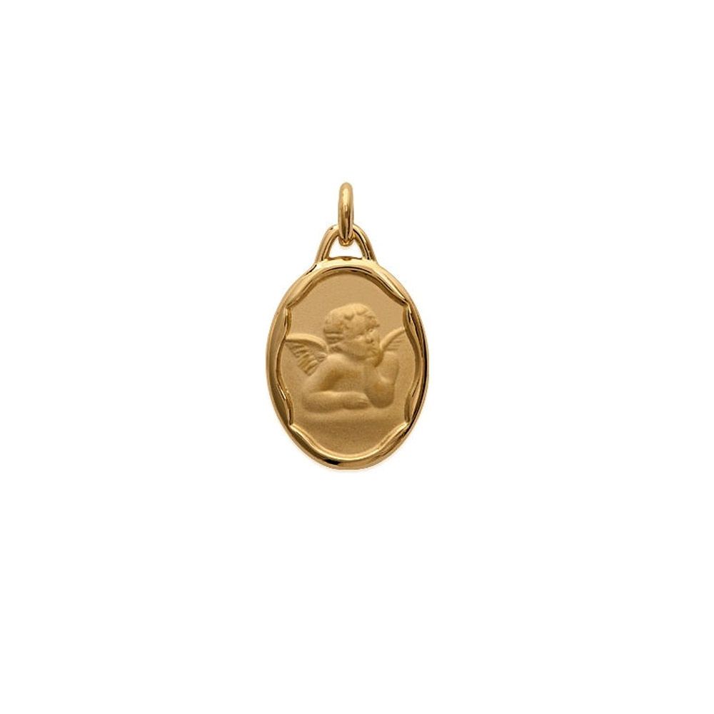Medal of Baptism Pendant in yellow gold plated oval and representing an angel. Dimension: 1.4 x 1.8 cm Frame: Yellow Gold Plated Gender: Child, Female, Male Chain offered 42 cm Occasion: Baptism