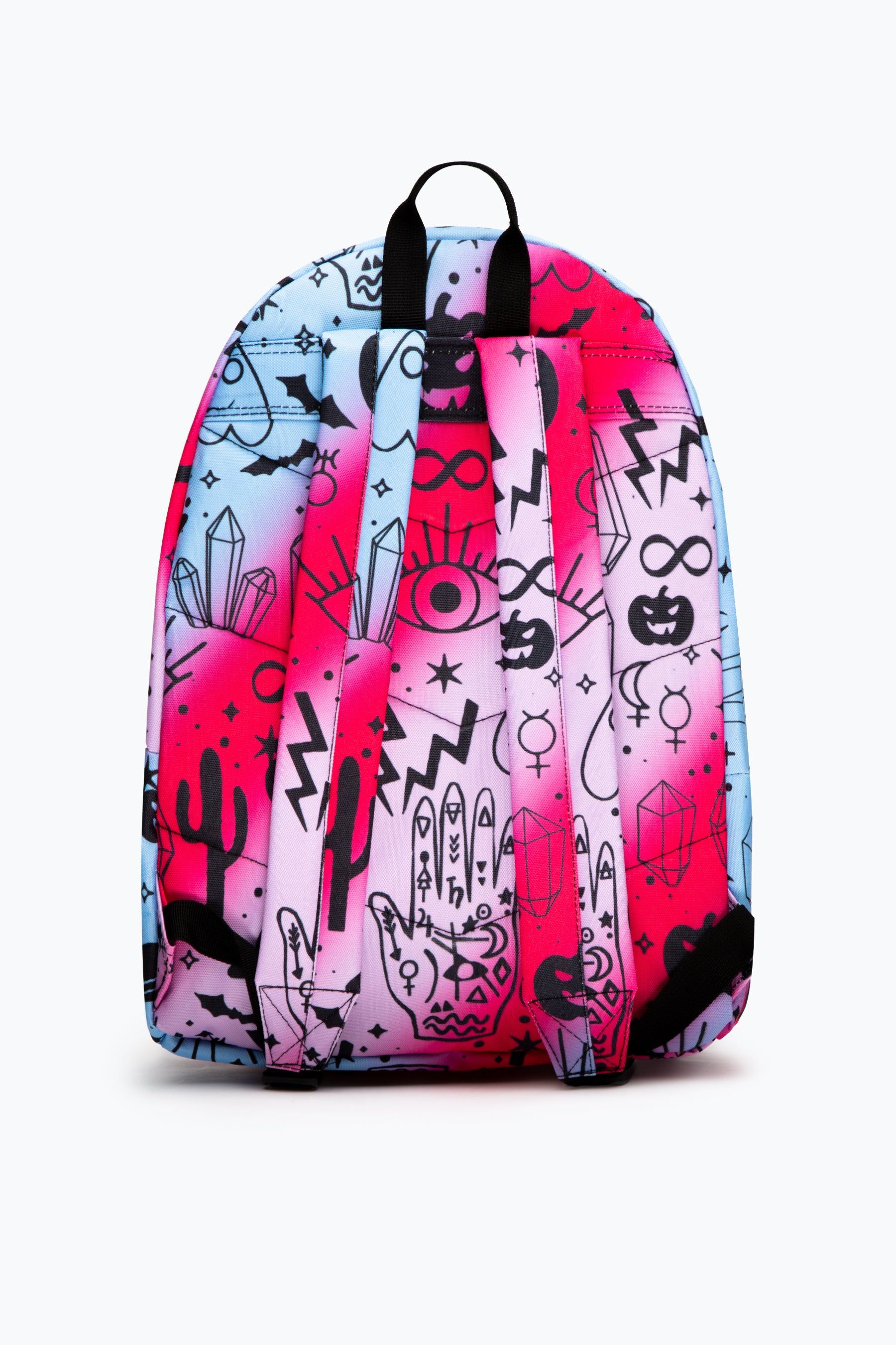 The HYPE. multi fade mystic doodle backpack is our interpretation of our dream sky. Designed with an allover gradient background finished with mystic illustrations. This is the perfect backpack to showcase your fun personality. Measuring at 42cms x 30cms x 12cms, this is the perfect size to transport your goods from A to B. The straps offer supreme comfort with just the right amount of padding. Wipe clean only.