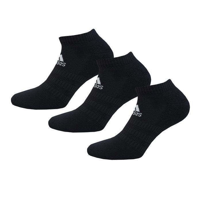 adidas 3-Pack Cushioned Low-Cut Socks in black.- Ankle length.- Three pairs per pack.- Heel-to-toe cushioning.- Linked toe seam for a smooth feel.- Arch support.- adidas branding.- 58% Cotton  40% Polyester  2% Elastane. Machine washable.- Ref: GC7304