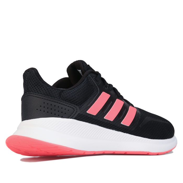 Childrens adidas Runfalcon Trainers in Black Pink. – Mesh and synthetic leather upper. – Lace closure. – Regular fit. – Contrast 3-Stripes to sides. – Synthetic cage over the midfoot. – Synthetic heel cap. – Lightweight EVA midsole. – Lightweight feel. – Rubber outsole. – Synthetic upper Textile and synthetic lining – Synthetic sole. – Ref: FV9441