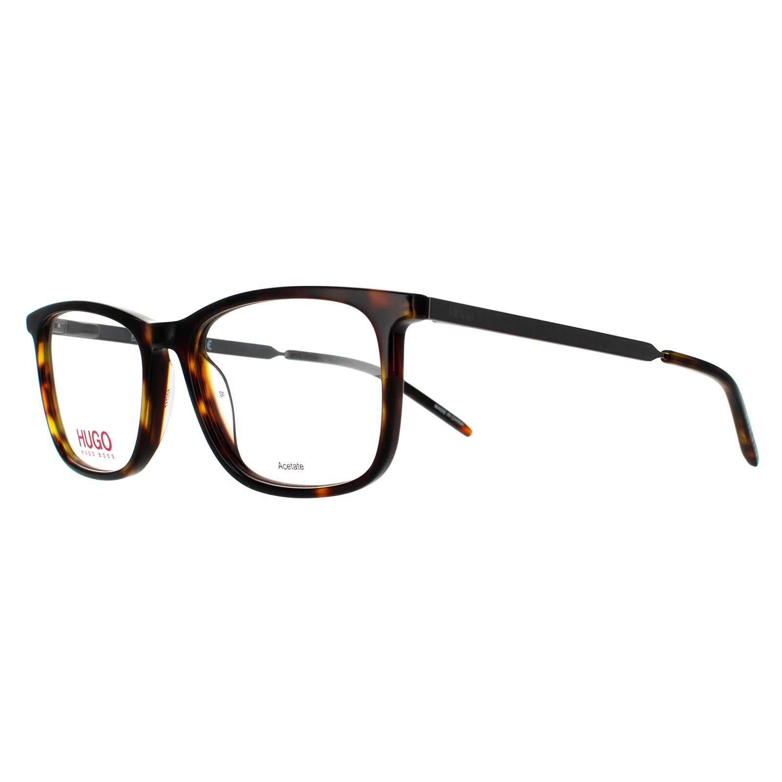 Hugo by Hugo Boss Square Mens Havana Glasses Frames HG 1018 are a simple square style crafted from lightweight acetate. Slim temples are engraved with the Hugo Boss logo for authenticity.